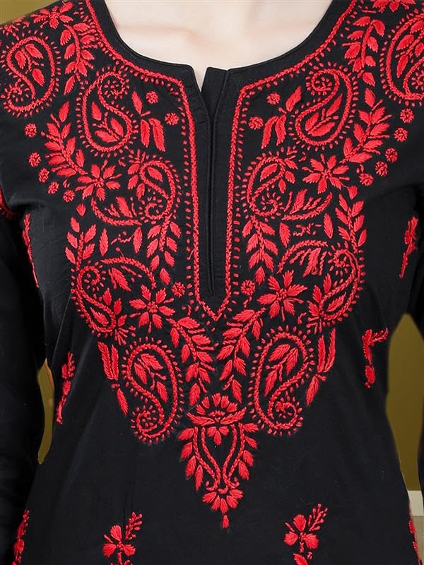 Image of Seva Chikan Hand Embroidered Lucknowi Chikankari Regular Straight Cotton Kurta Kurti for Women SCL4243