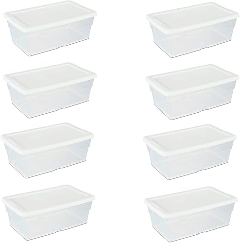 Sterilite 16428012 - Caja de almacenamiento de 6 cuartos de galón/5,7 litros, tapa blanca con base transparente (paquete de 8)