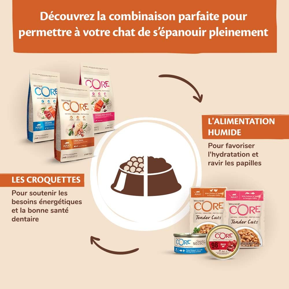 Wellness CORE Tender Cuts 6 x 85g, Multipack Saumon/Thon/Crevettes – Tendre Morceaux pour Chats Adultes, sans Céréales, Naturelles, Hypoallergénique, Riche en protéines, À Haute Teneur en Poisson,