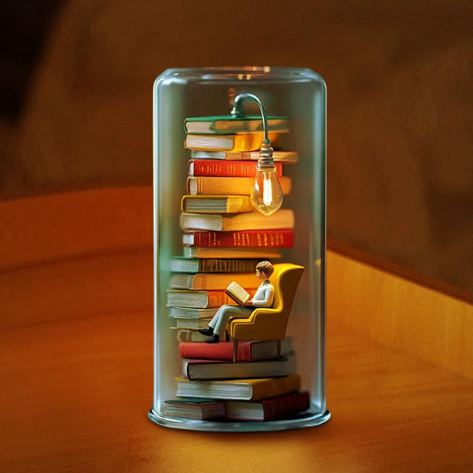 Reader Night Light, Miniature Book Lover Lamp Sculpture with Mini Books and LED Light, Glass Dome Book Nook Lamp for Home/Office/Library (#E)