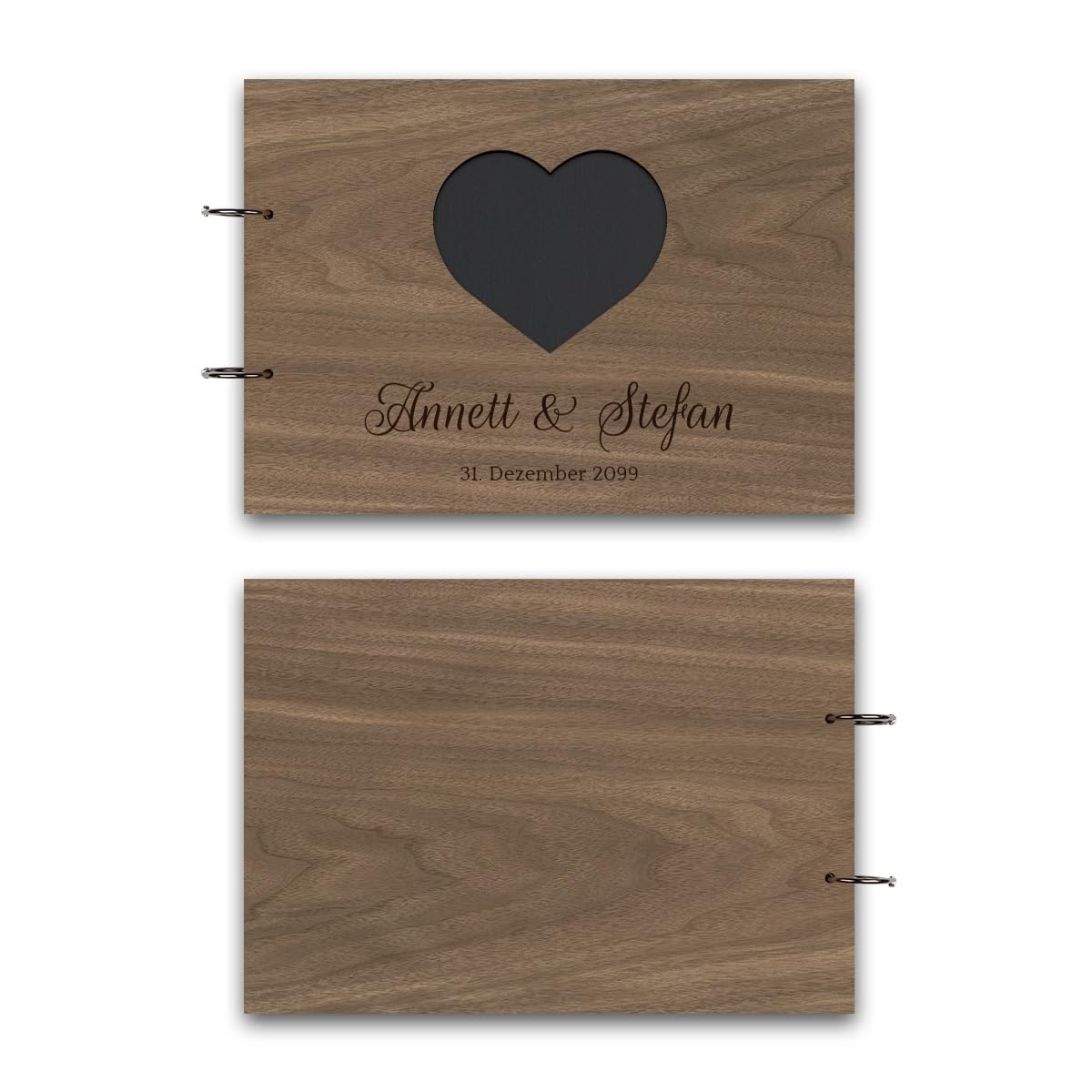 Hochzeit Fotoalbum Nussbaum Holz Gravur individuell Holzcover mit 50 Fotokarton 300g/qm schwarzen Innenseiten (25 Blätter) DIN A4 quer 302 x 215 mm - Herz