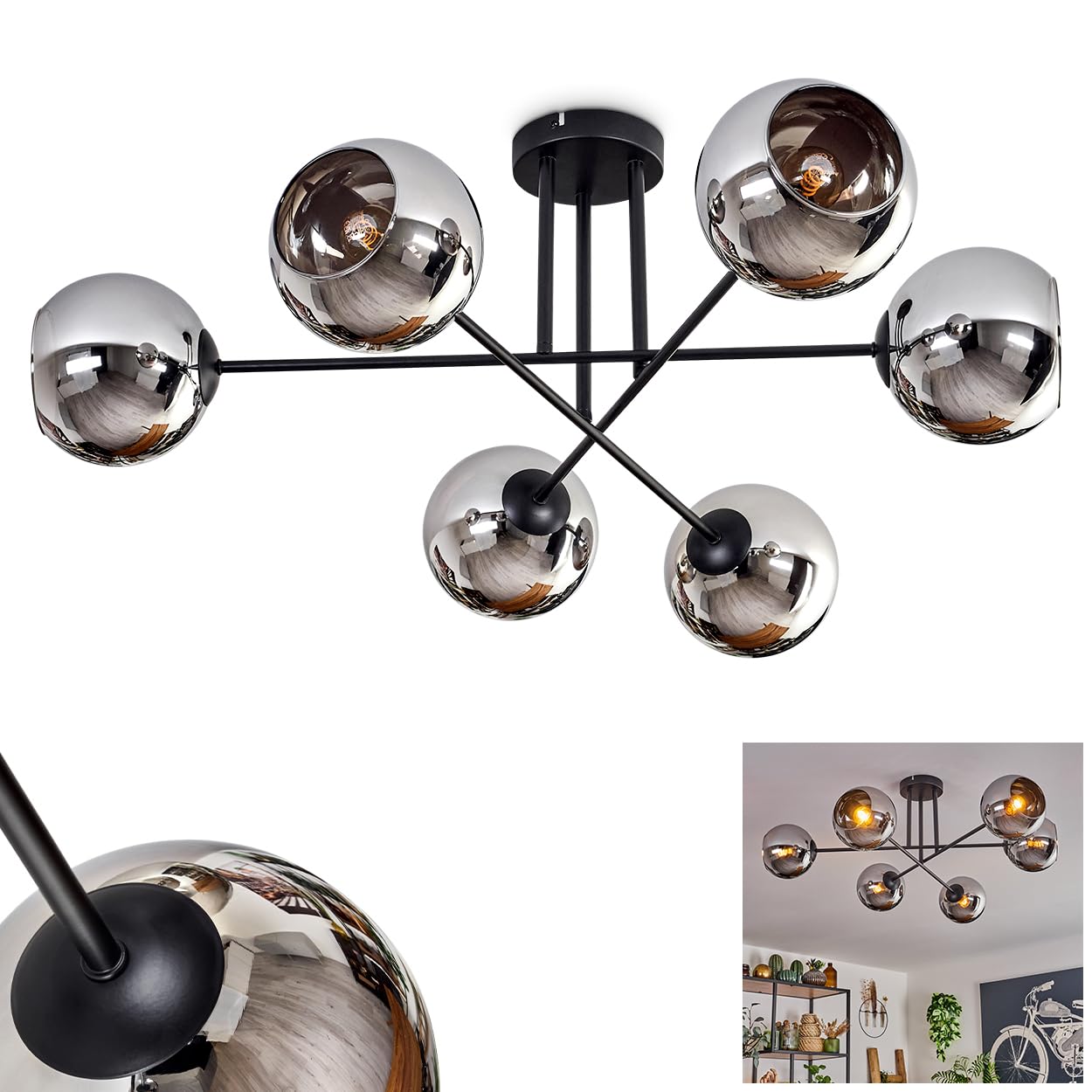 HOFSTEIN Koyoto Ceiling Light, Ceiling lamp Made of Metal/Glass in Black/Chrome Colour, luminaire in Modern Retro/Vintage Design with Glass Shades (Ø 15 cm), 6 x E14, Without Bulbs
