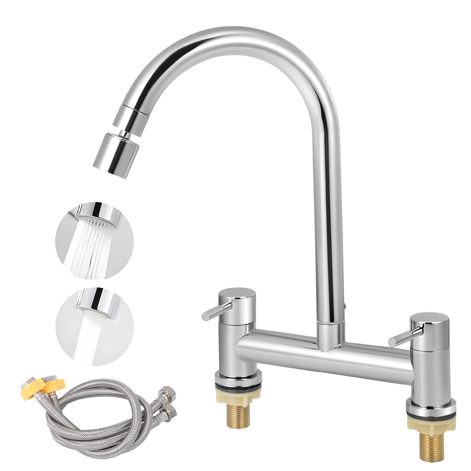 Kitchen Mixer Taps 2 Hole, Sink Mixer Tap UK Standard, Traditional Bridge Mixer Tap Cold and Hot Mixer Tap, Swivel Spout and Dual Spray Modes Taps Mixer Deck Mounted for Kitchen Bathroom (1)
