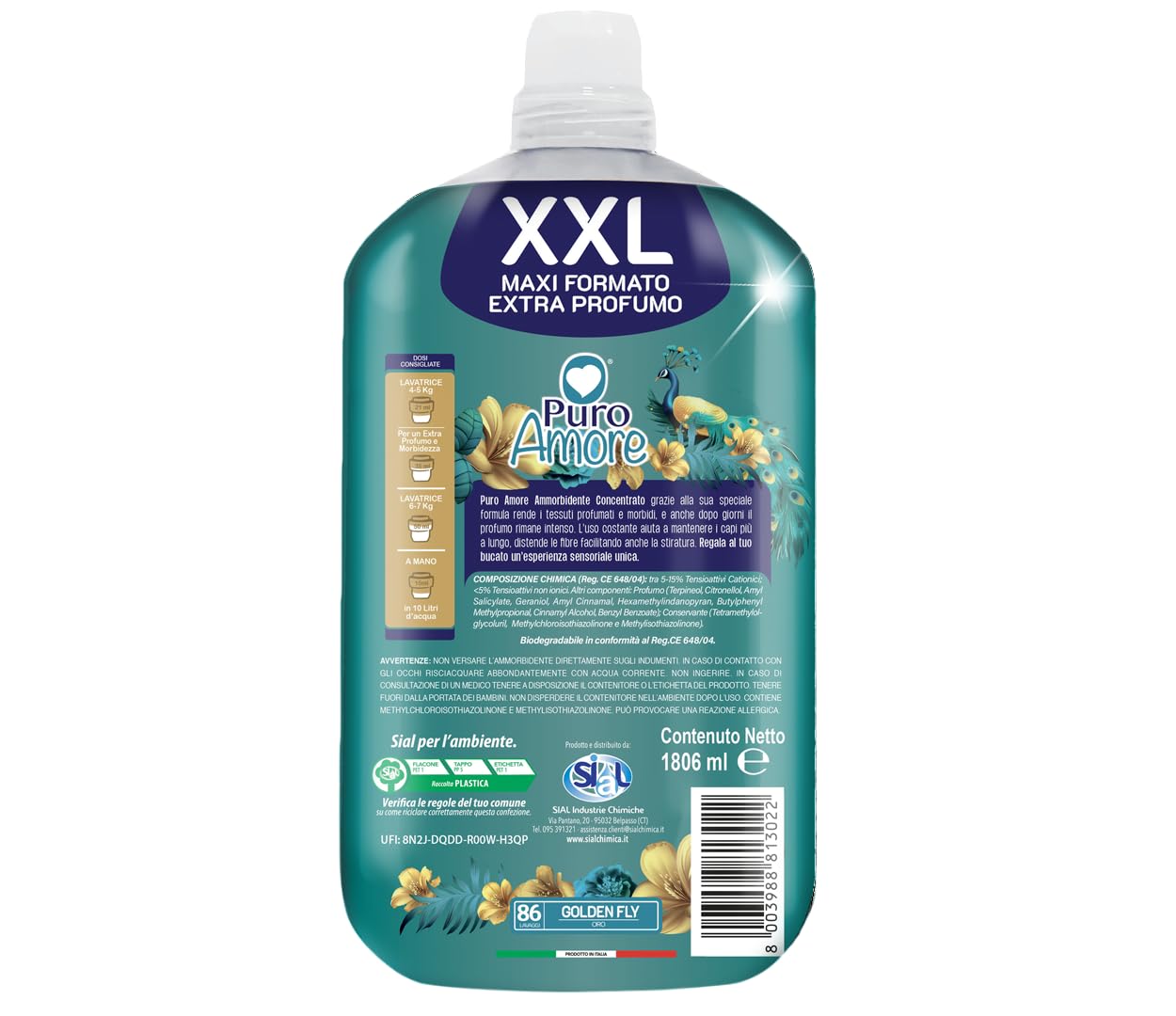6 X Puro Amore Ammorbidente XXL Golden Fly Ammorbidente Concentrato Ammorbidente Concentrato 86 lavaggi 1800ml + Portachiavi Beni Culinari