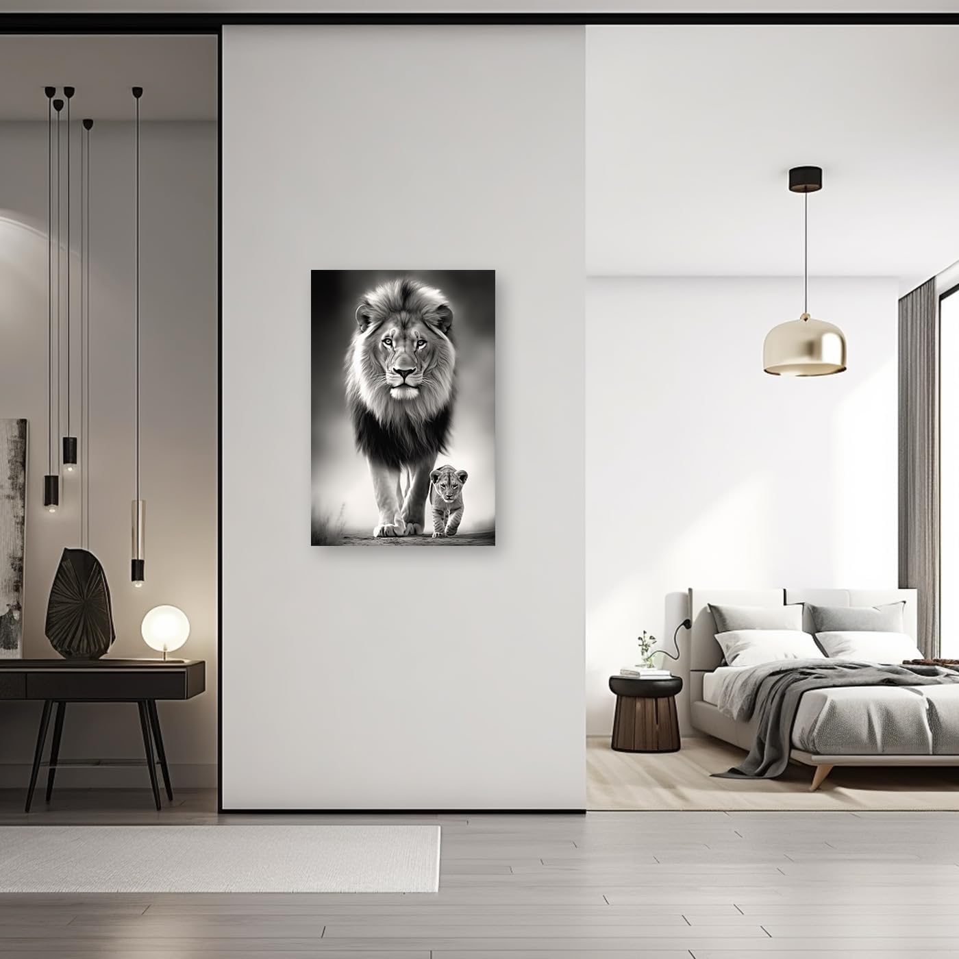 CXHOSTENT Lion Canvas Wall Art Lion and Cub Pictures Black and White Animal Painting Print Wildlife Portrait Poster Home Decor Frame (Lion - 2, 12L x 18W)