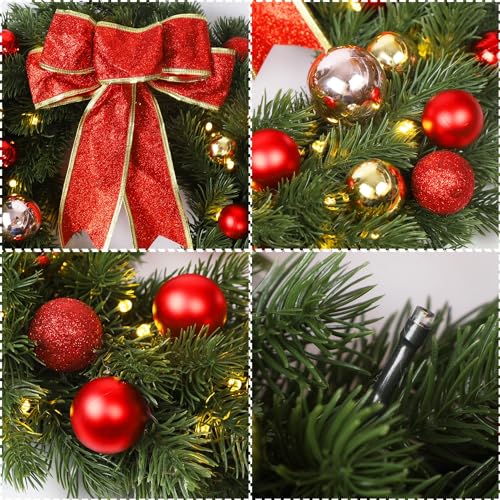 Juegoal 16 Inch Pre Lit Christmas Wreath with Metal Hanger Large Red Bow and Colored Balls Battery Operated with Warm White 40 LEDs Lights Front Door Spruce Lighted Wreath X max Decorations