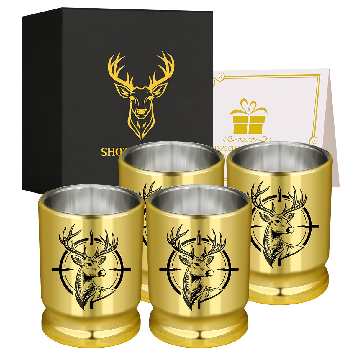 Targeting Golden Deer Head Shot Glasses – Set of 4, Hunting Gifts for Men