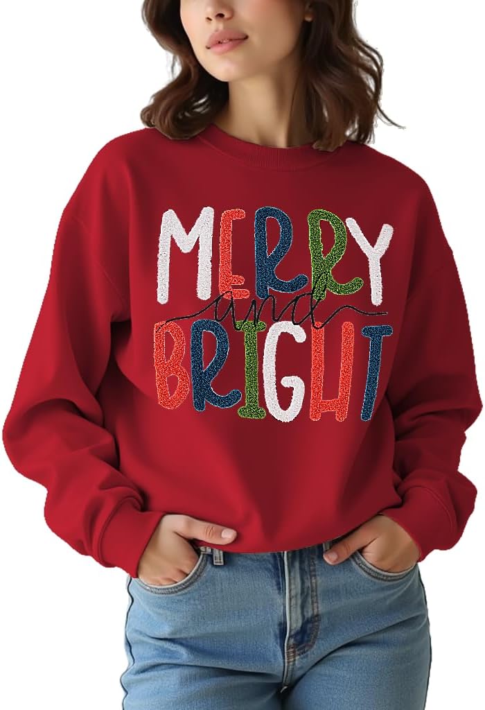 CM C&M WODRO Women Christmas Sweatshirt Merry and Bright Chenille Patch Graphic Pullover Crewneck Long Sleeve Shirt Tops
