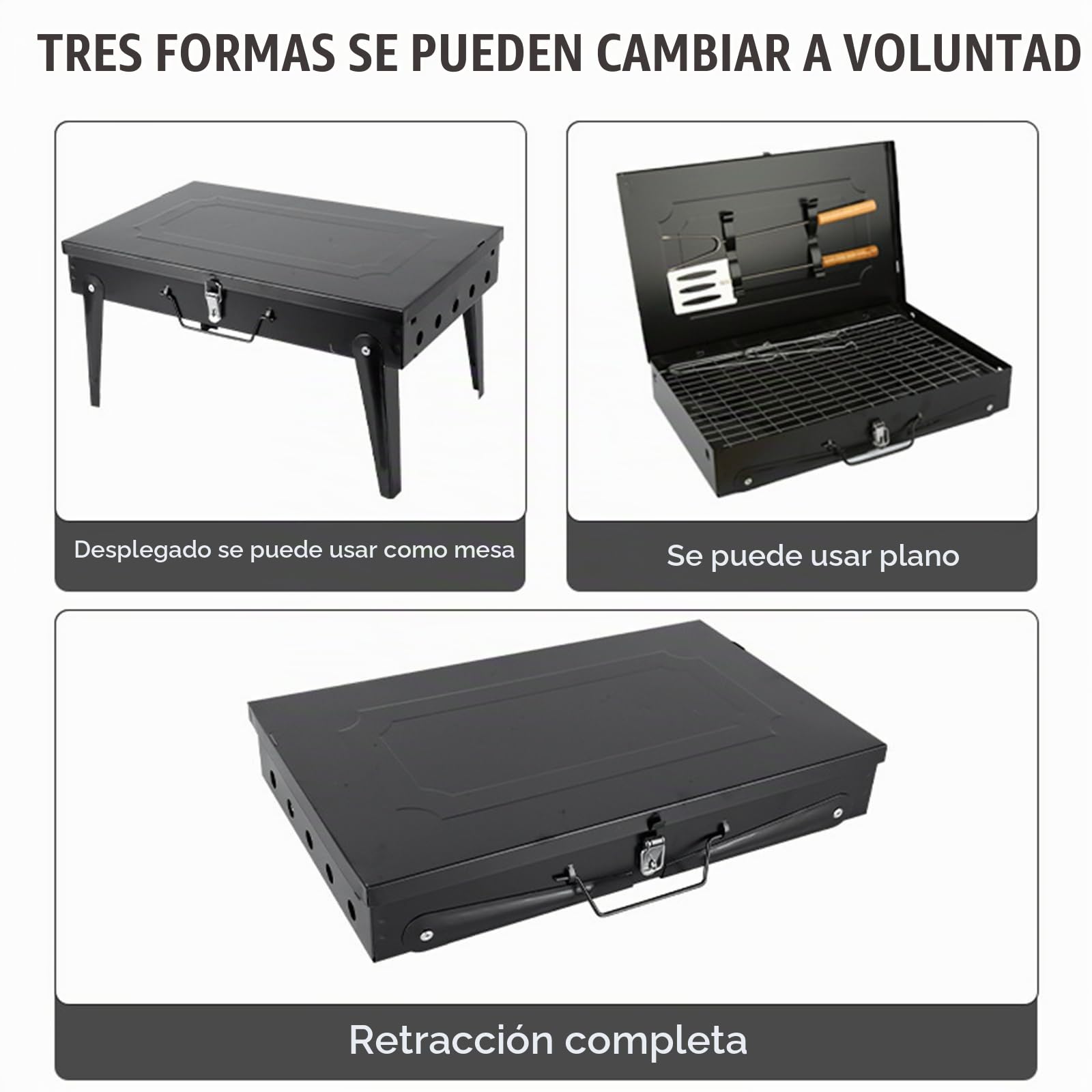 Barbacoa de carbón plegable con diseño tipo maleta, pequeña barbacoa de mesa portátil con parrilla y accesorios, barbacoa compacta de acero inoxidable para el hogar, el camping y los picnics
