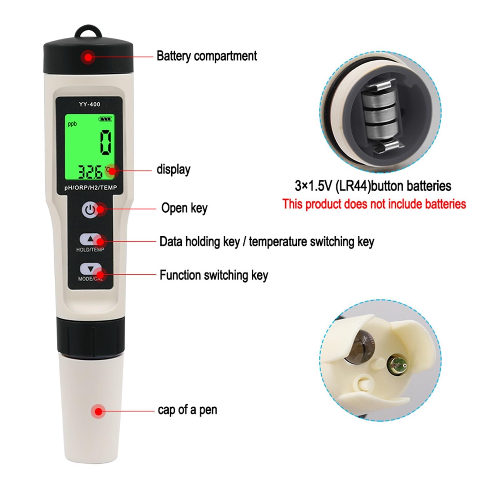 4 In1 H2/PH/ORP/Temp Misuratore di qualità Acqua Tester for Piscine Acquari Potabile Penna Misurazione Ricca Idrogeno Rilevamento Rapido E Preciso(Wth Backlight)