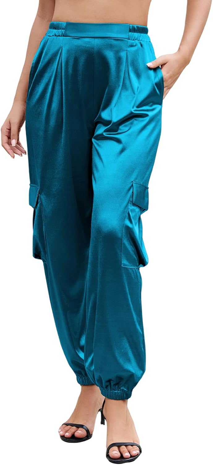 ZAFUL Womens Satin Joggers 2025 Boho Chic Cargo Jogger Pants High Waisted Stretch Silk Ankle Pants Slack Trousers