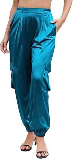 ZAFUL Womens Satin Joggers 2025 Boho Chic Cargo Jogger Pants High Waisted Stretch Silk Ankle Pants Slack Trousers