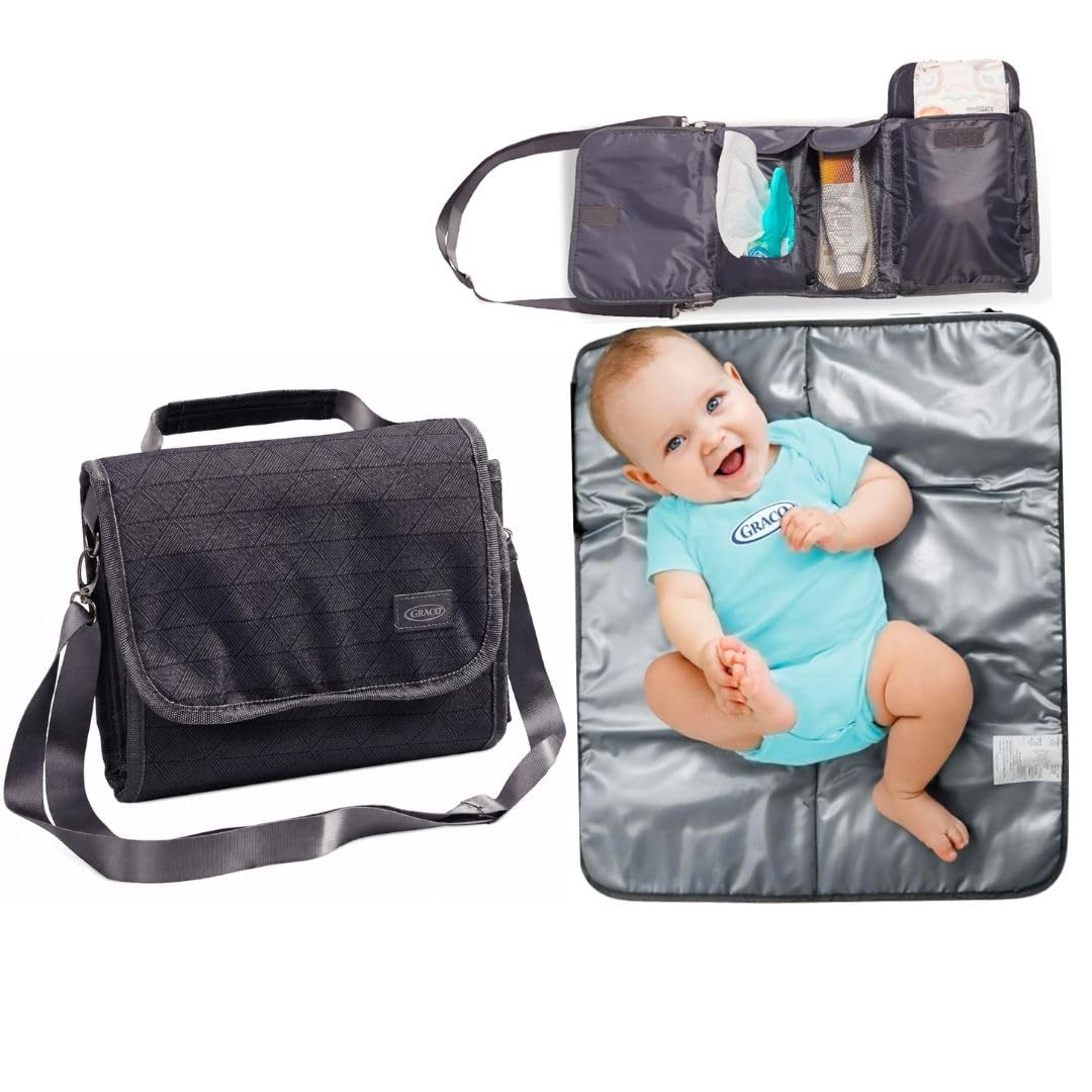 Graco Portable Diaper Changing Pad with Bag with Adjustable Shoulder Strap – Waterproof Foldable Travel Changer Mat, 3 Organizer Pockets for Wipes, Diapers & Essentials, Fits Babies 0-12 Months