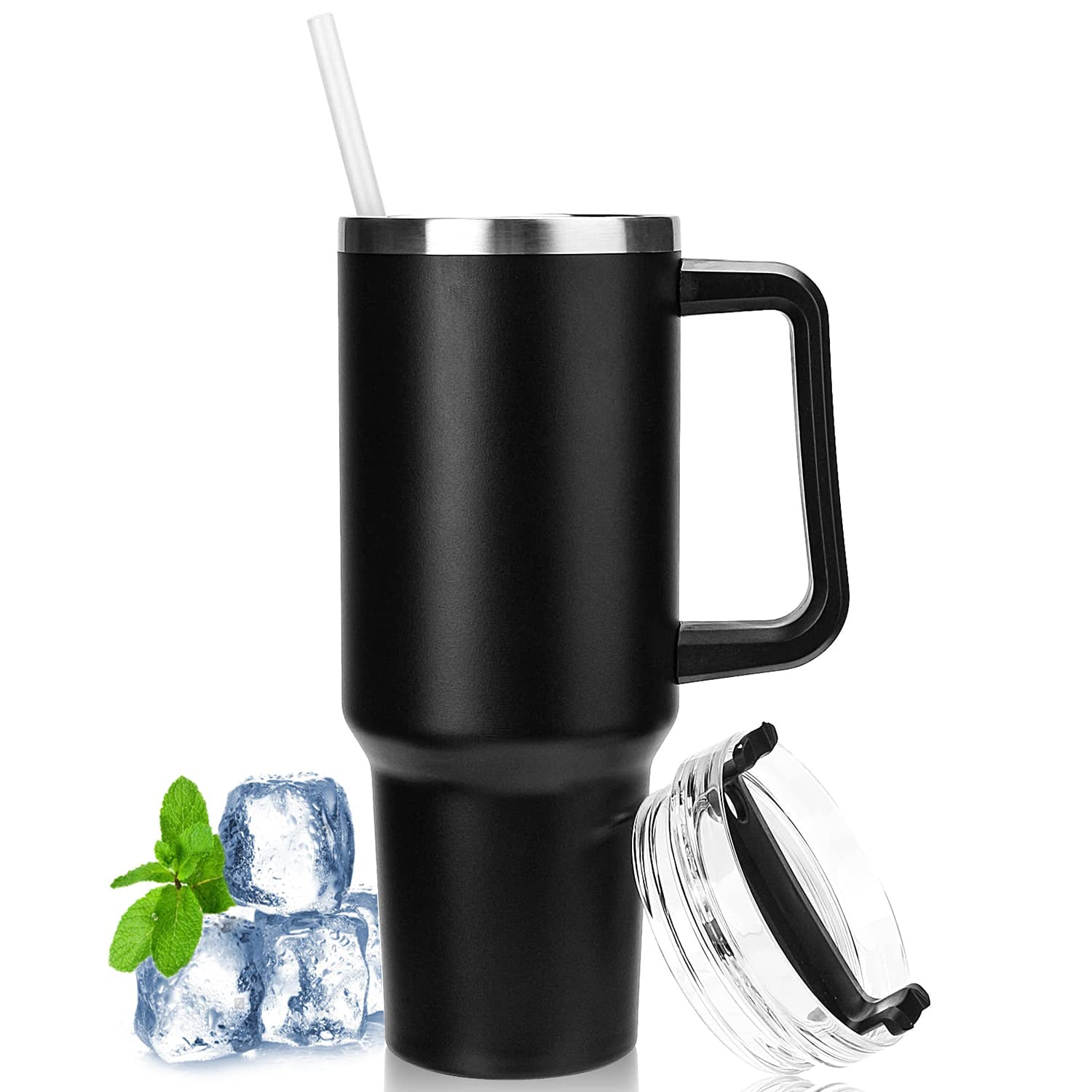 HrobigTravel Mug with Straw and Lid and Handle 1180 ML (40 OZ), Stainless Steel Leakproof Coffee Cups, Double Wall Vacuum Insulation Flask for Hot and Cold Drinks BPA Free - Black