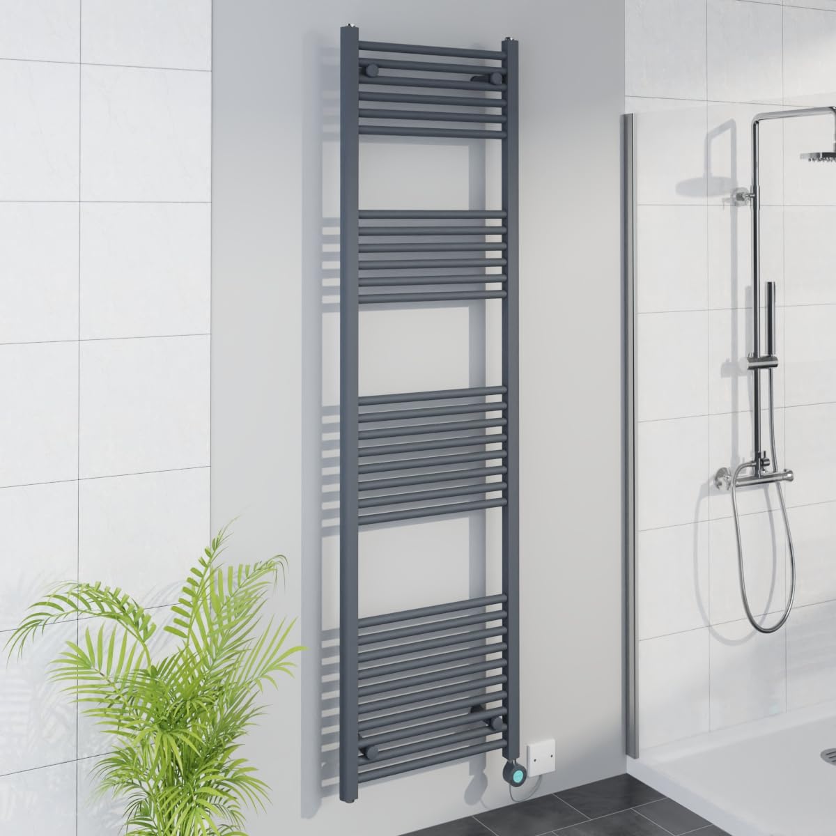 Warmehaus Anthracite Smart Wifi Thermostatic Electric Bathroom Straight Heated Towel Rail Warmer Radiator With Timer 1800X500mm