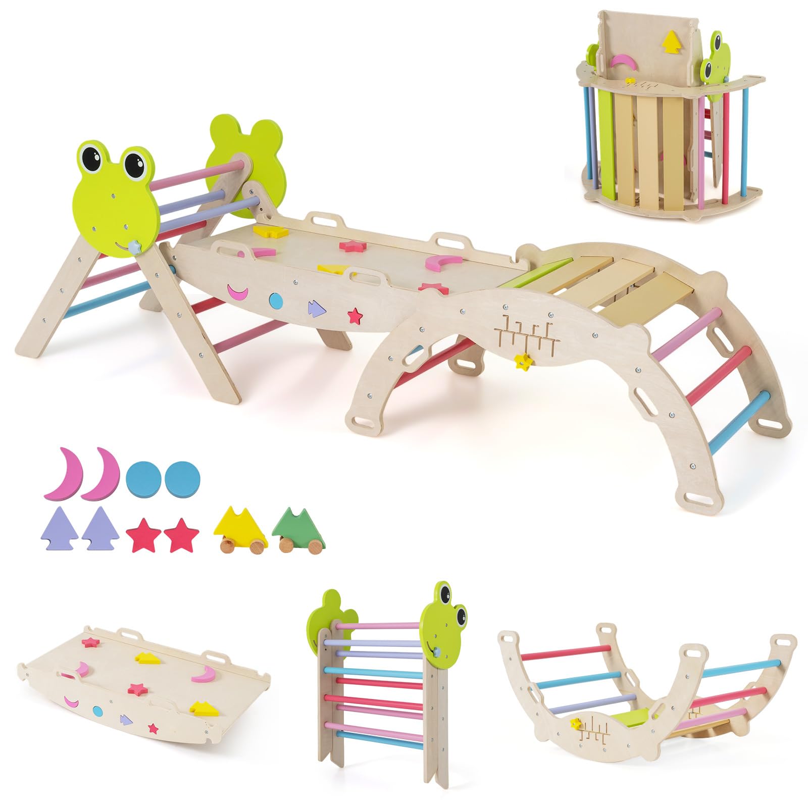 RELAX4LIFE Set da Arrampicata per Bambini, Triangolo di Arrampicata con Scivolo e Arco, Gioco di Incastri in Legno, Gioco Montessori per Bambini 1+ Anni (Rana-3 Pezzi | Colorato)