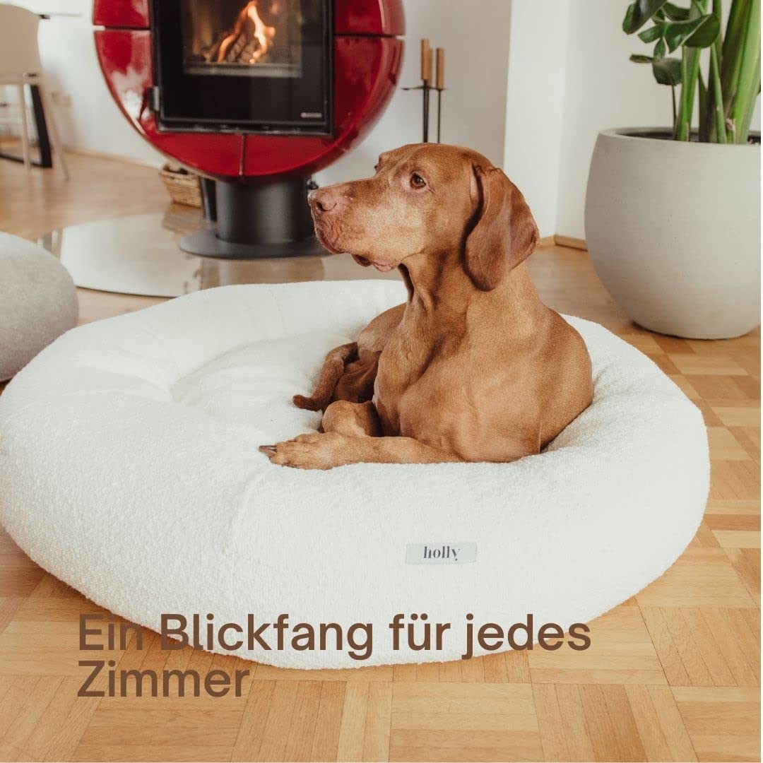 Holly Hundebett - Kratzfest, waschbar, langlebig - Luxuriöser Bouclé Stoff - Donut Hundebett in Cocoon Design - Ideale Unterstützung für Hals & Wirbelsäule - Hochwertiges Interior (S/M, Creme)