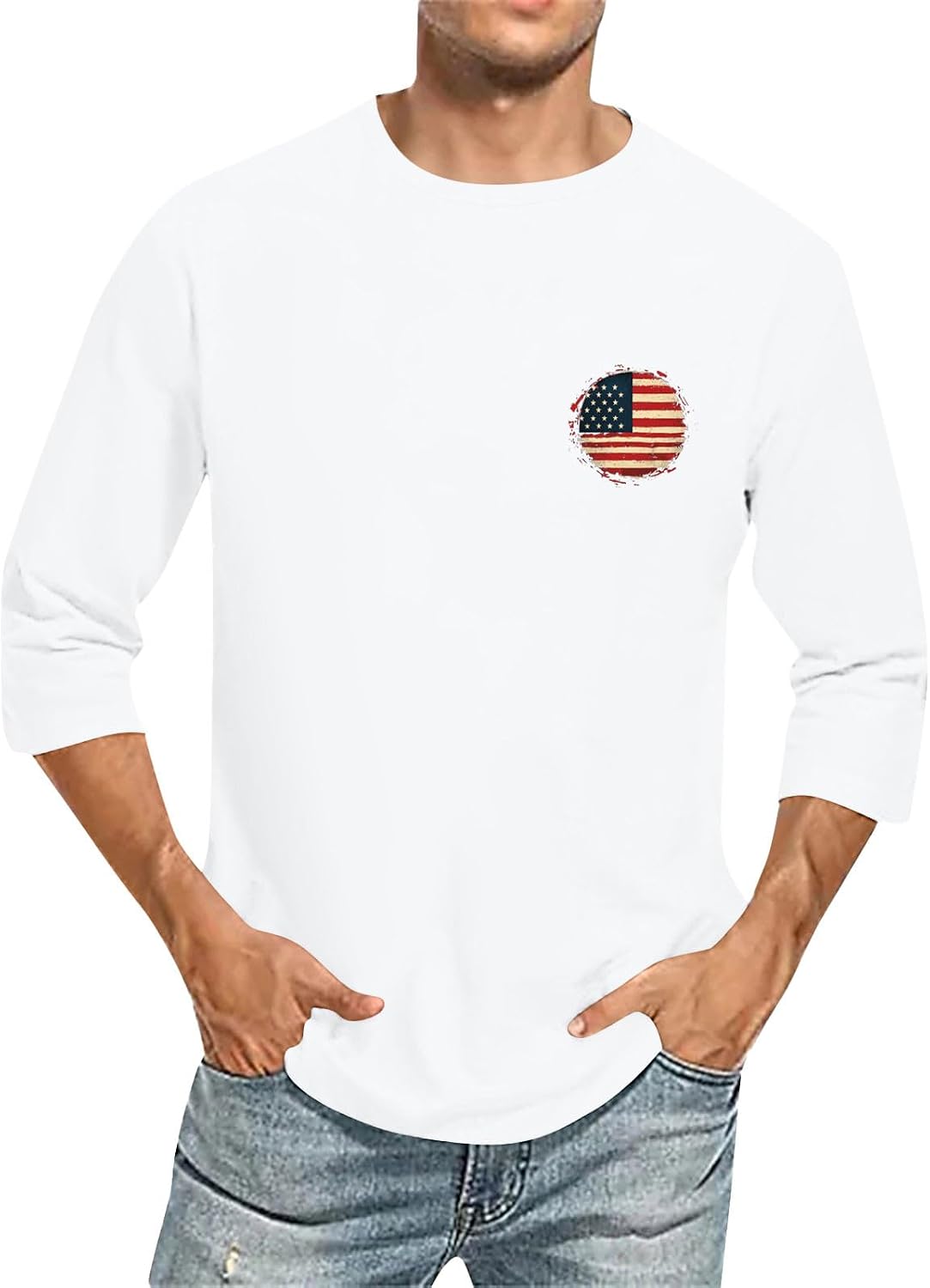 WENKOMG1 Men's 3/4 Sleeve Flag Print Shirt Regular-Fit Summer Casual Lightweight Beach Tee Tops, S-2XL