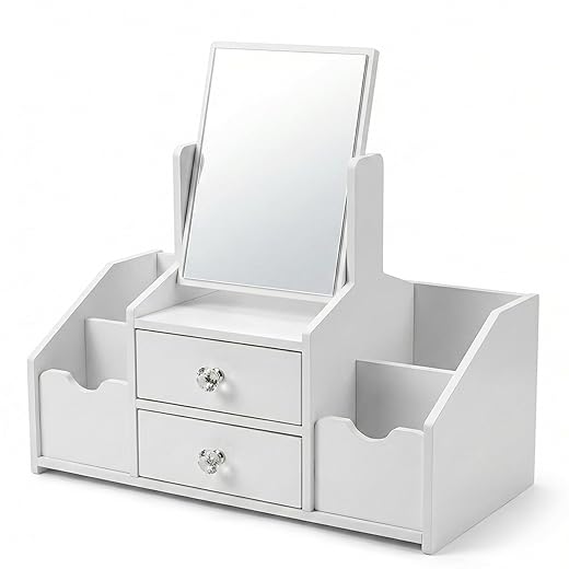 Organizador de Maquiagem com Espelho e Gavetas | Penteadeira Compacta Branca