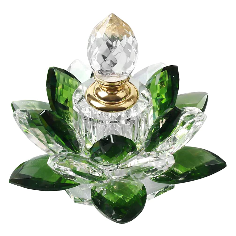 HEALLILY Crystal Perfume Bottle Green Lotus Figurine Empty Dispenser Refillable Essential Oil Vial Container for Home Office