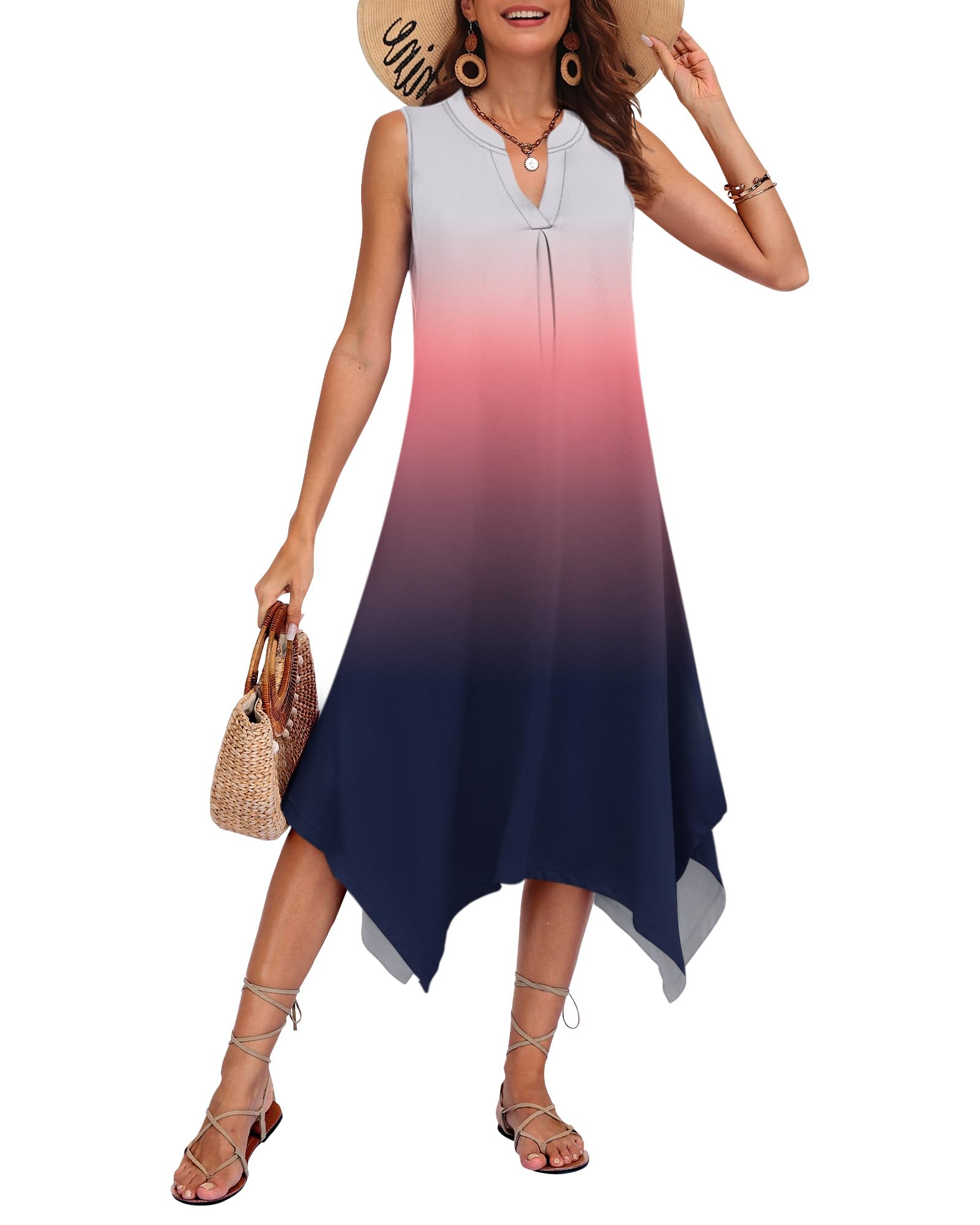 AUSELILY Womens Summer Midi Dress V Neck Sleeveless Casual with Pockets