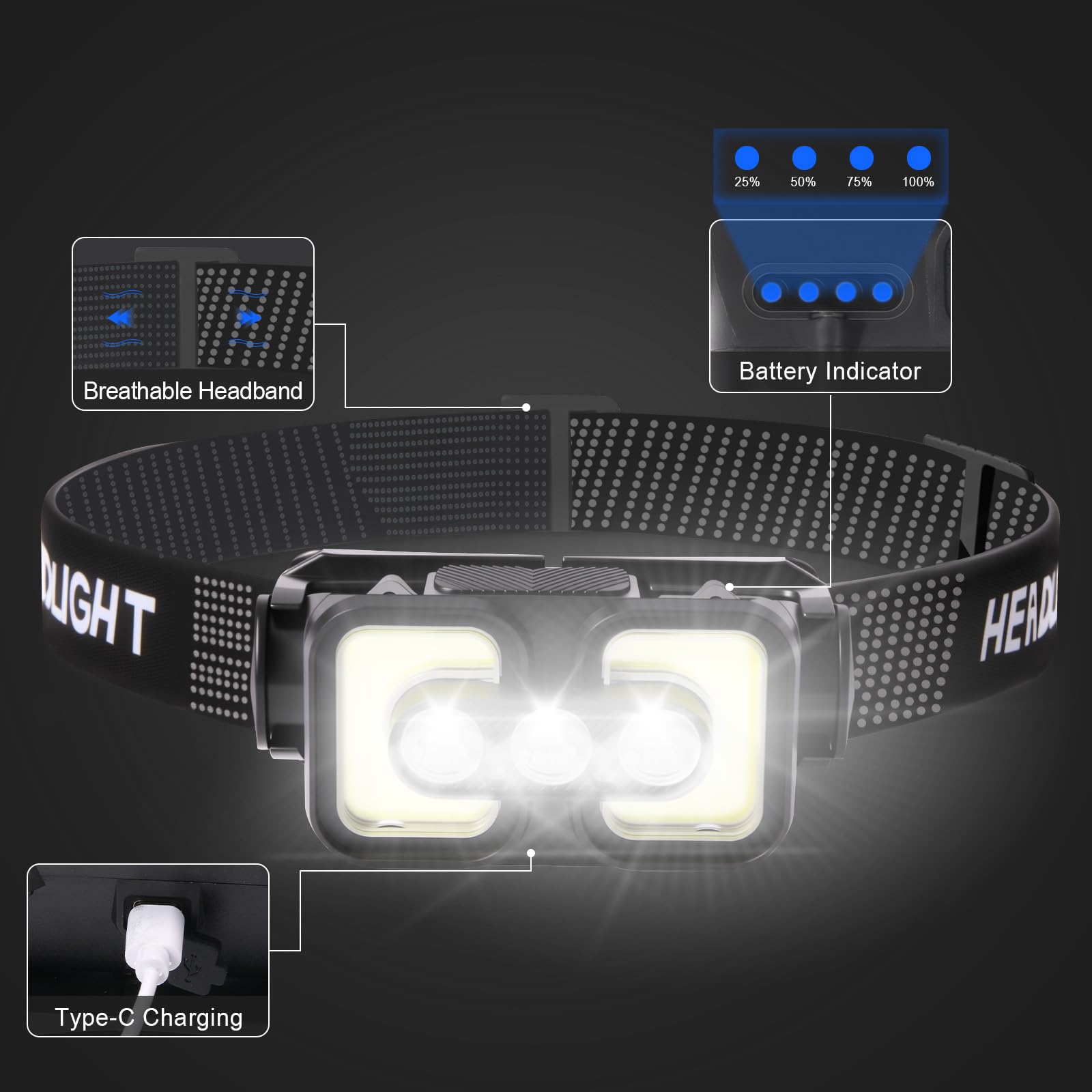 Linterna frontal LED recargable con sensor de movimiento blanca + luz roja para adultos y niños, impermeable, ligera, luces de cabeza de senderismo para acampar al aire libre, correr, pesca, 2