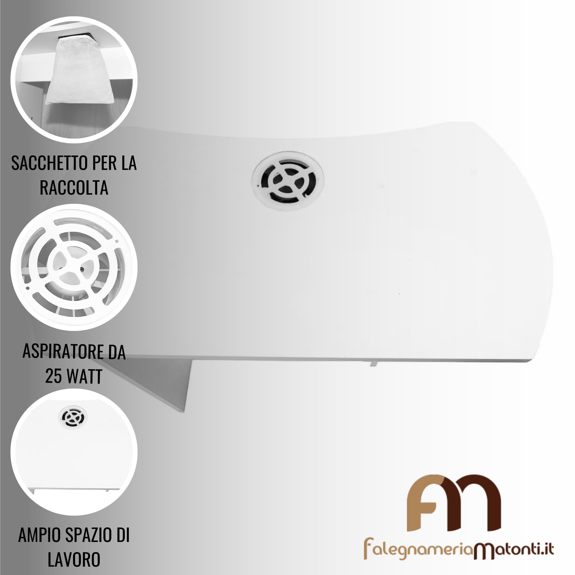 Matonti - Tavolo Manicure Professionale per Unghie con Aspiratore Elettrico e intarsi in acciaio - Ideale per Nail Art Ricostruzione Unghie, + Aspiratore per Polveri - Made in Italy, in Legno Bianco