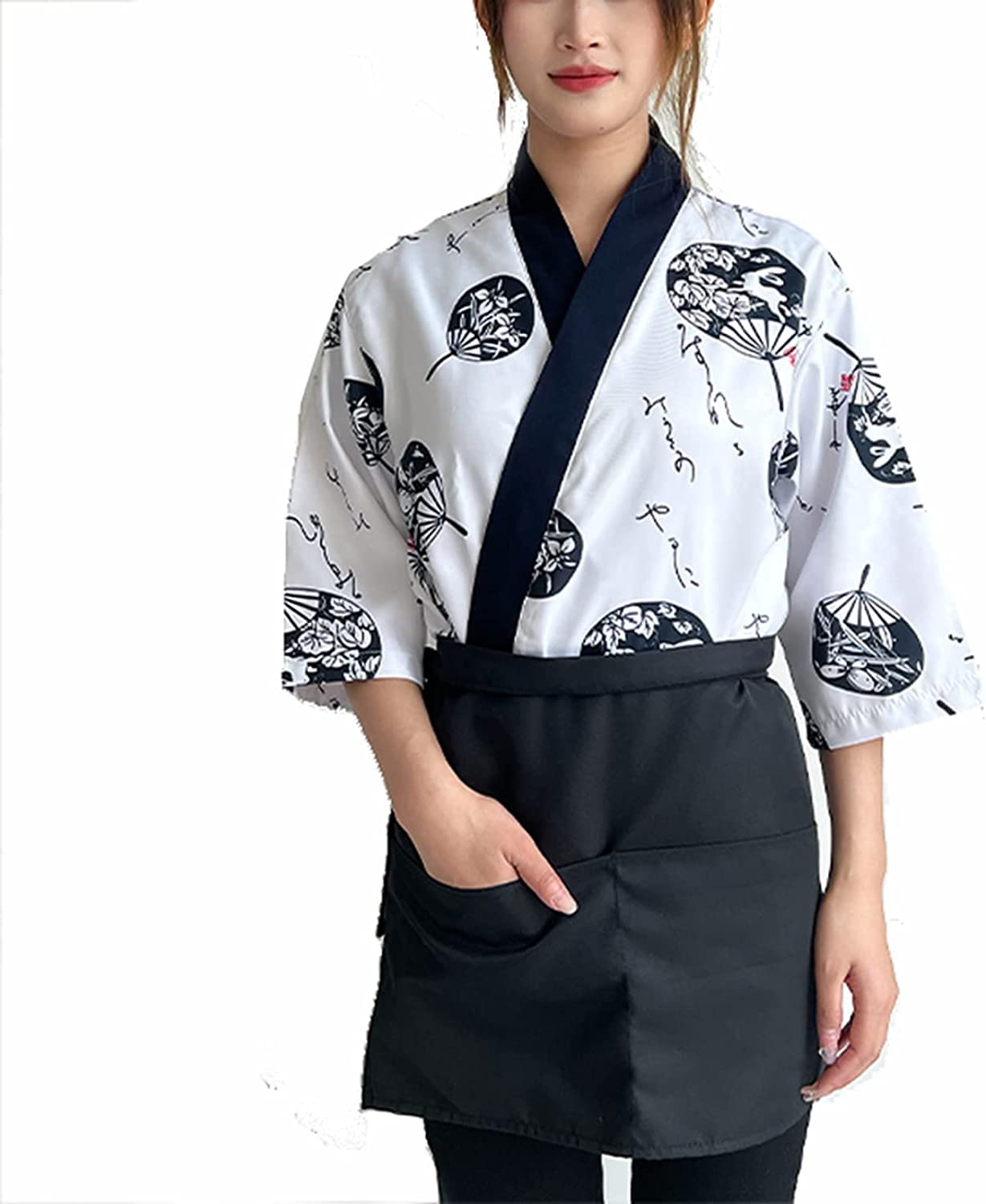 Uniformi alla Moda Giacca da Chef di Sushi Professionale, Kimono a 3/4 Maniche, Ristorante, Hotel, Cucina, Servizio di ristorazione, Abbigliamento da Lavoro (Color : White, Size : L)
