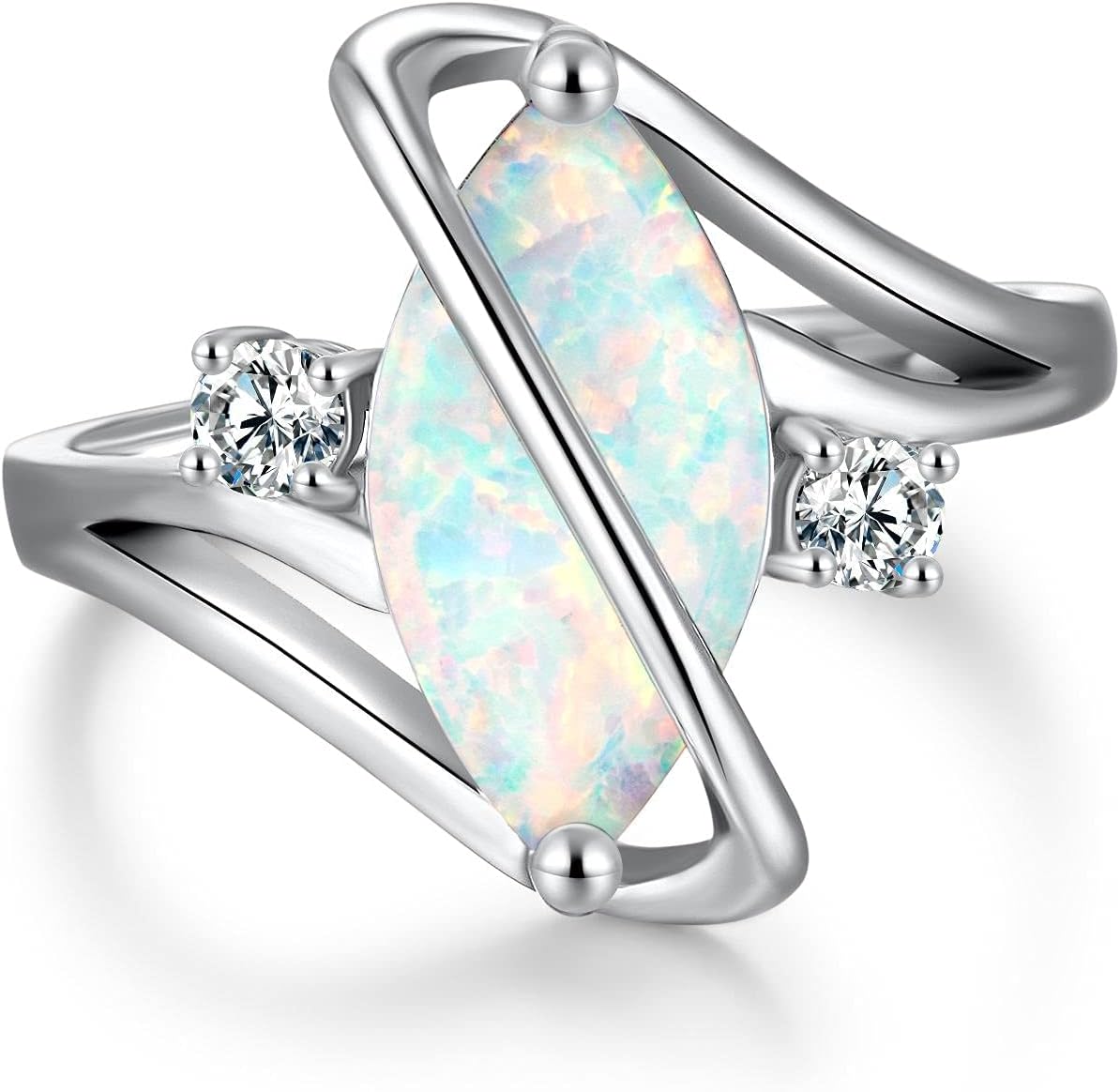 CiNily Silver Opal Ring White Fire Opal & Cubic Zirconia Sterling Silver Ring for Women