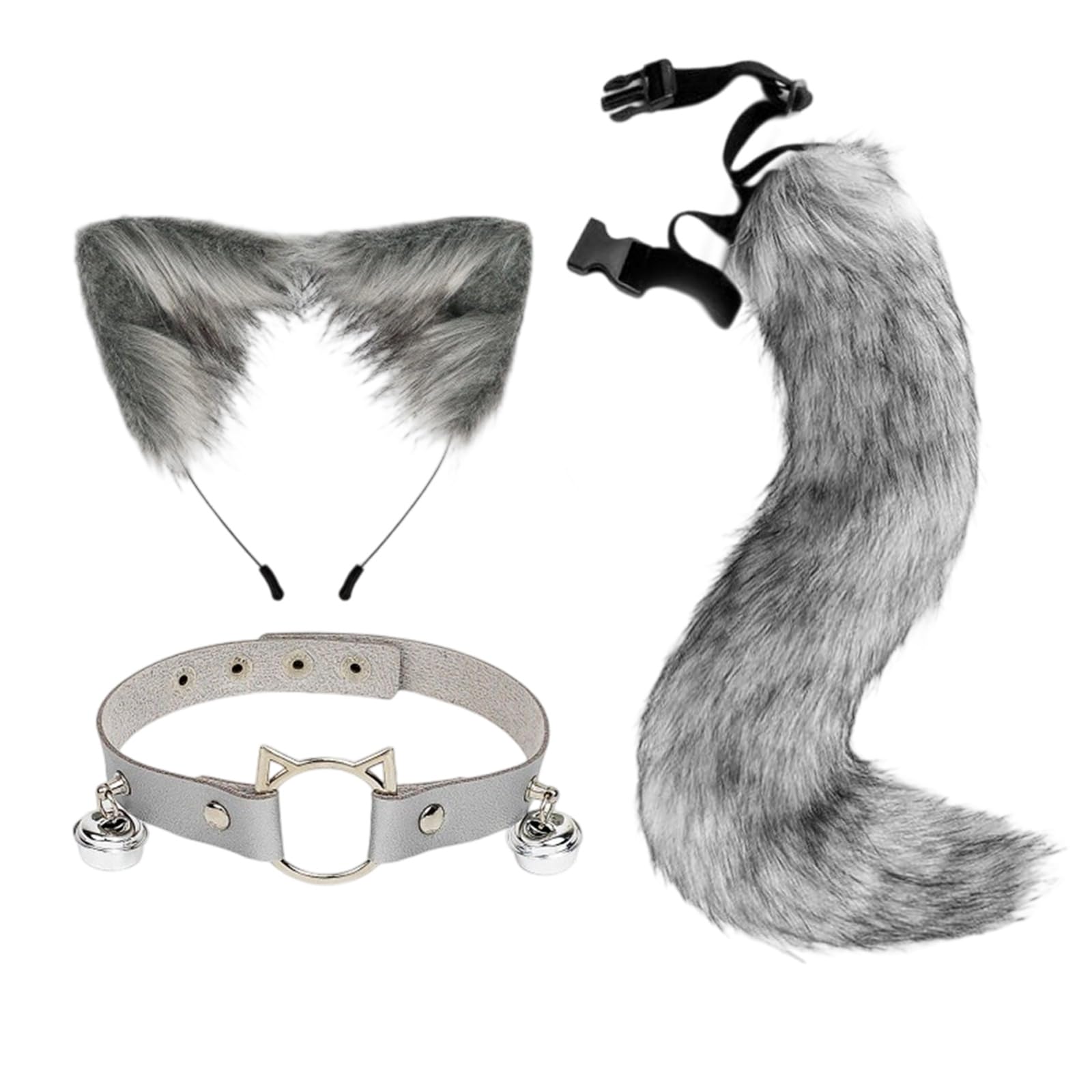 Vxcvzv Tail and Ears Set, 3Pcs Fox Costume Includes Fox Faux Fur Tail, Cat Ears Headband, Neck Choker, Kids Adult Cosplay Costume Accessory for Halloween Party Costumes (Grey)