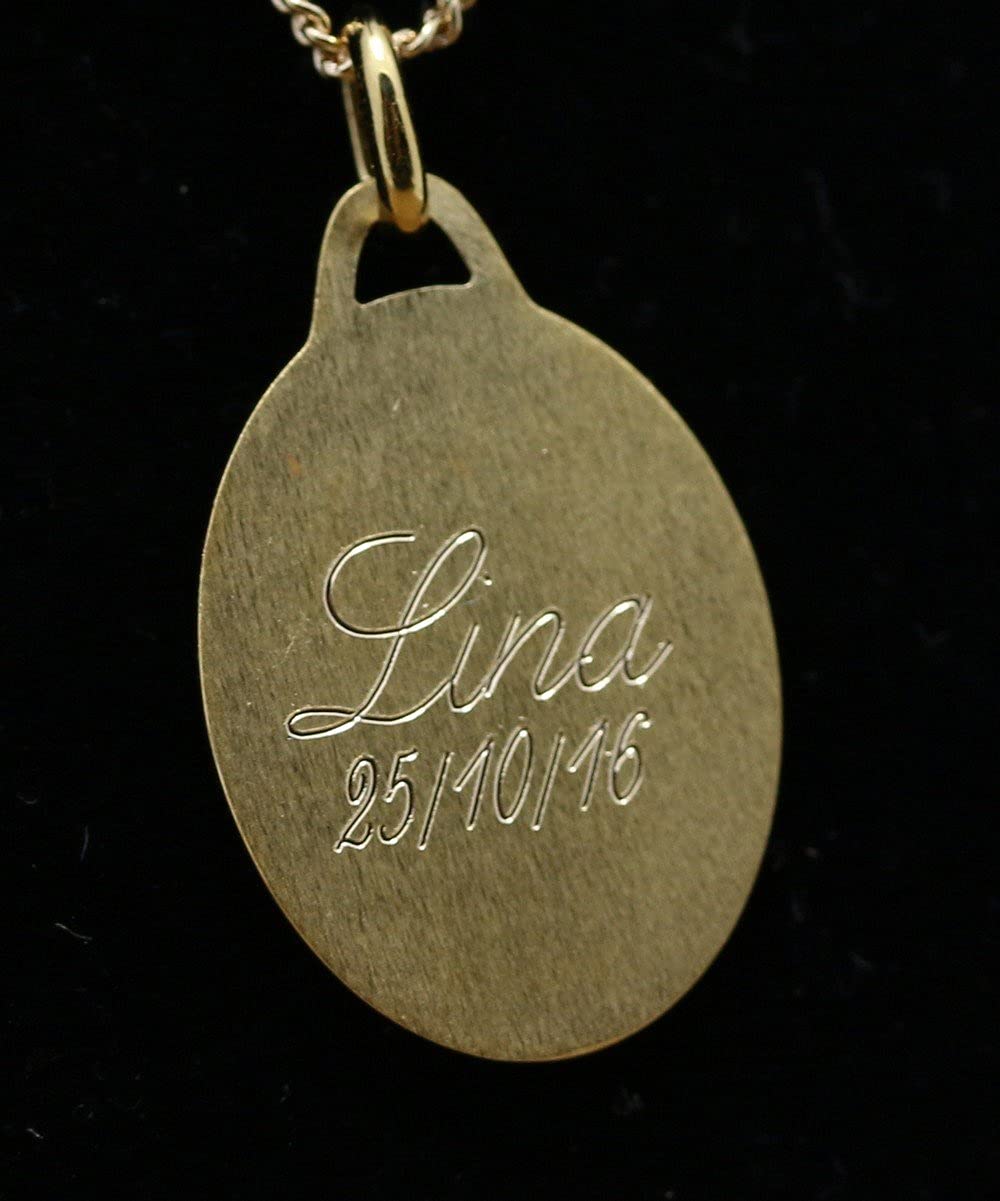 Médaille Ange naissance ou baptême plaqué or ronde avec gravure incluse et chaine de 45cm