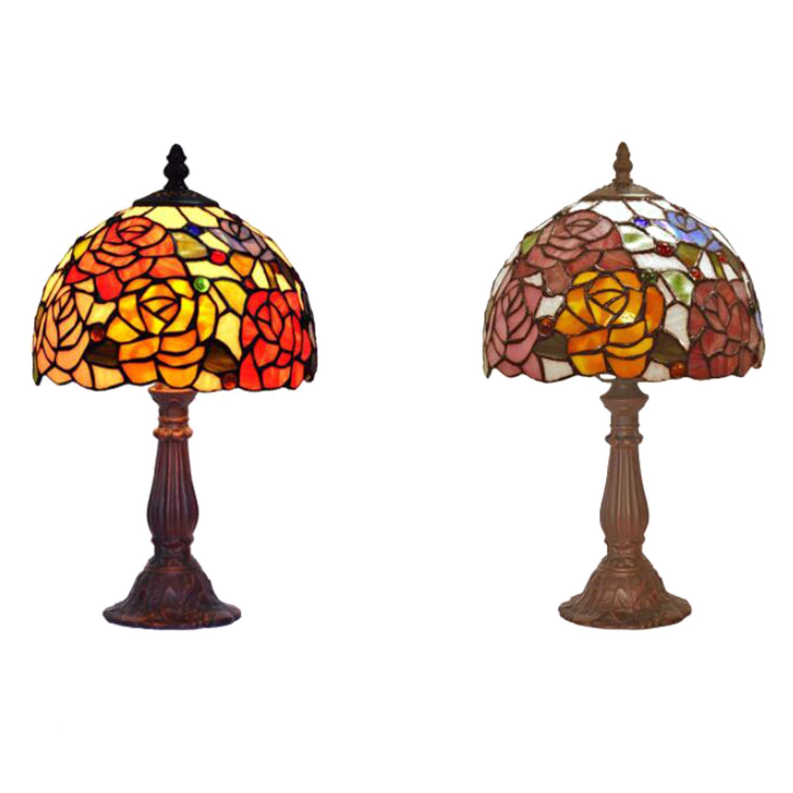 Małe lampki nocne, E27 20 cm lampa stołowa w stylu Tiffany, ręcznie robiona witrażowa lampa biurkowa retro antyczna róża lampa do dekoracji salonu sypialni biura przy łóżku, ciepła be-color tiffany 20