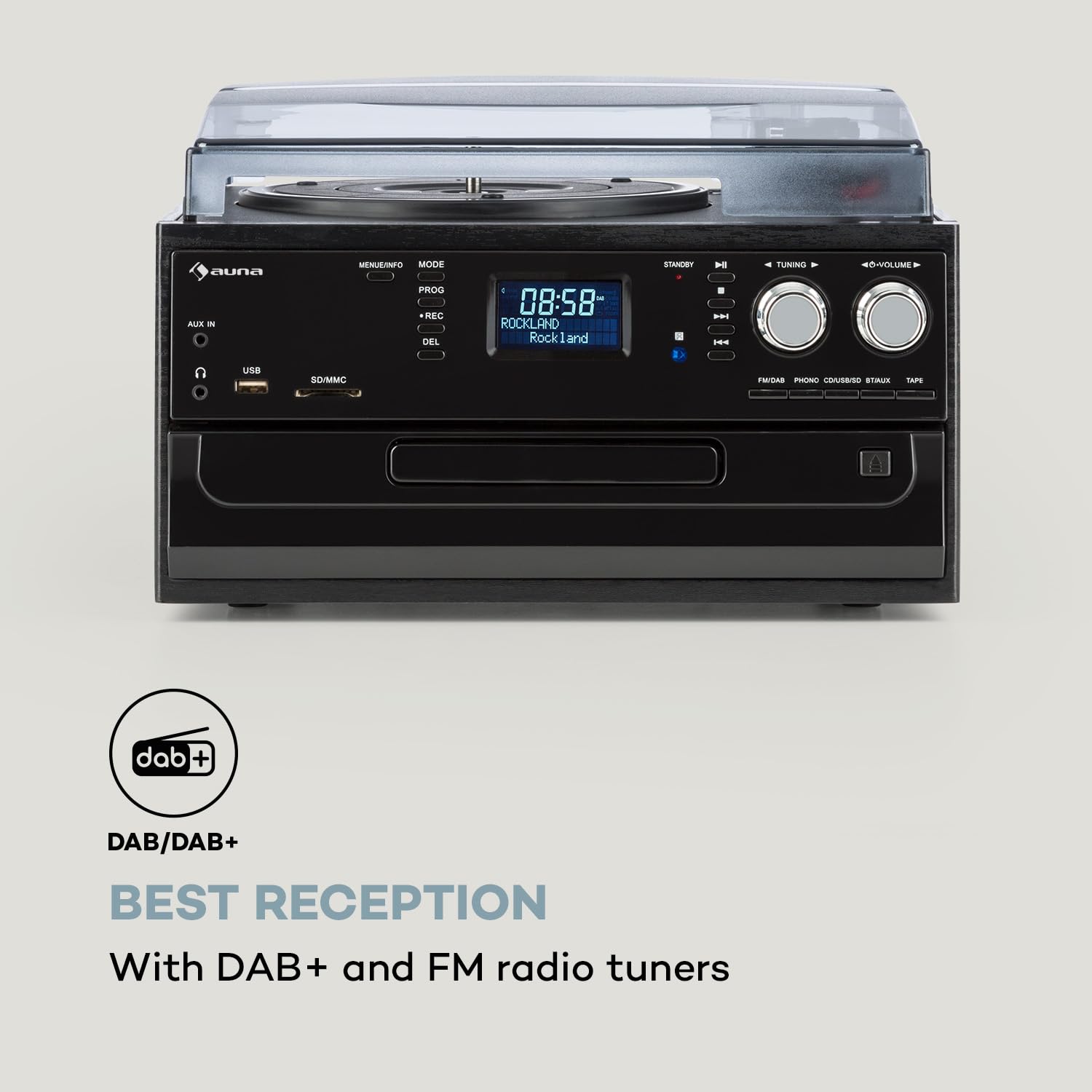 Auna Gramofon do płyt winylowych, Gramofon z głośnikiem, Odtwarzacz CD, USB i radio DAB, w stylu retro, Nowoczesny Record Vinyl Player, z Bluetooth
