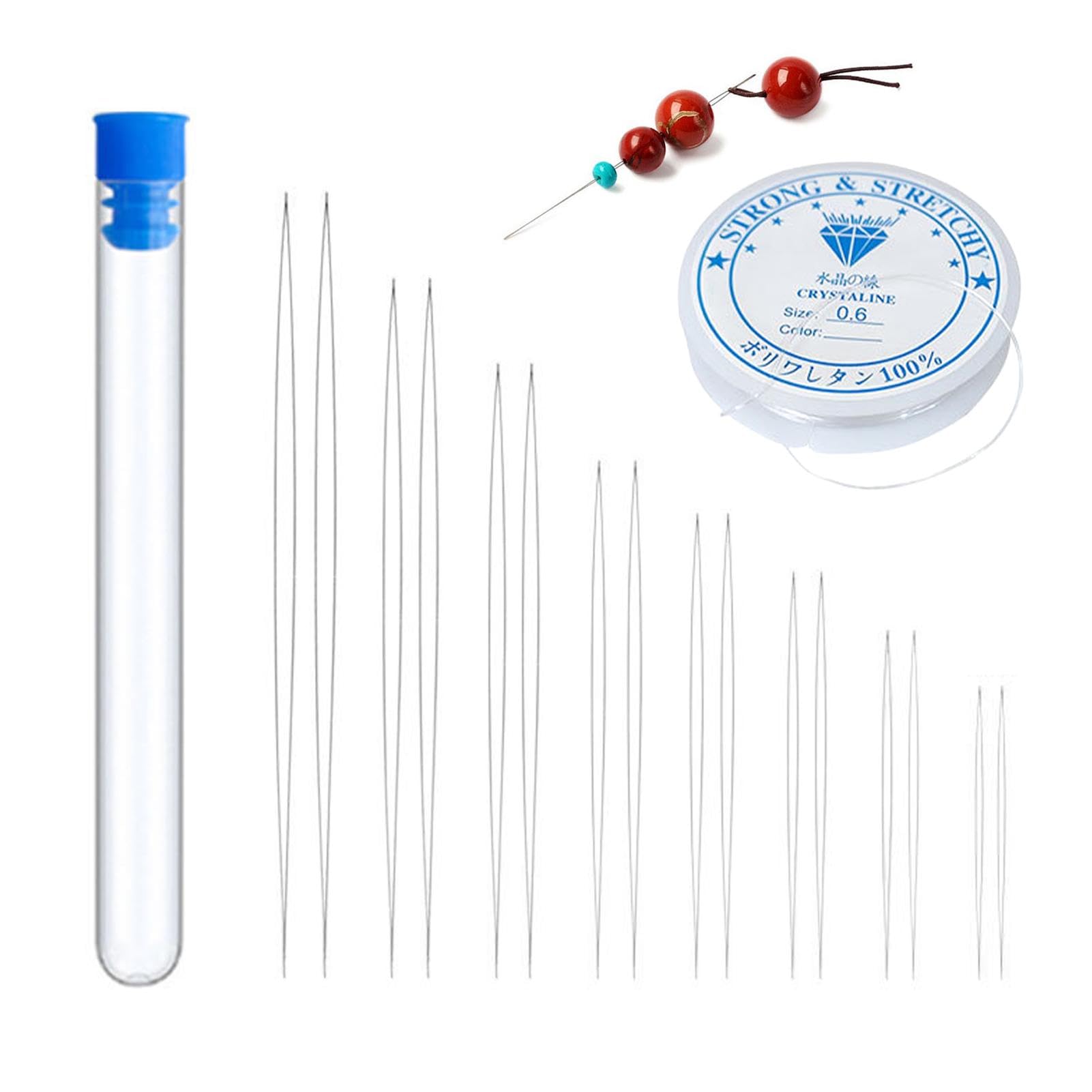 16 Pcs 8 Size Beading Needles Big Eye Bead Needles Beading Needles for Seed Beads Comes with a Needle Bottle and a Fishing line, Beads Needles for Making Necklaces and Bracelets