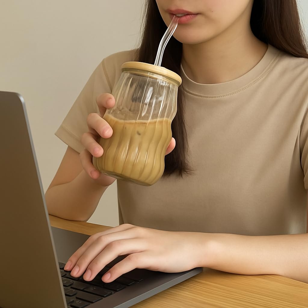 Kahve Bardağı Isıya Dayanıklı Ice Latte Bardak Kahve Kokteyl Cam Sunum Bardağı Meşrubat Kapaklı Bardak 400ml (tek, adet, 1)