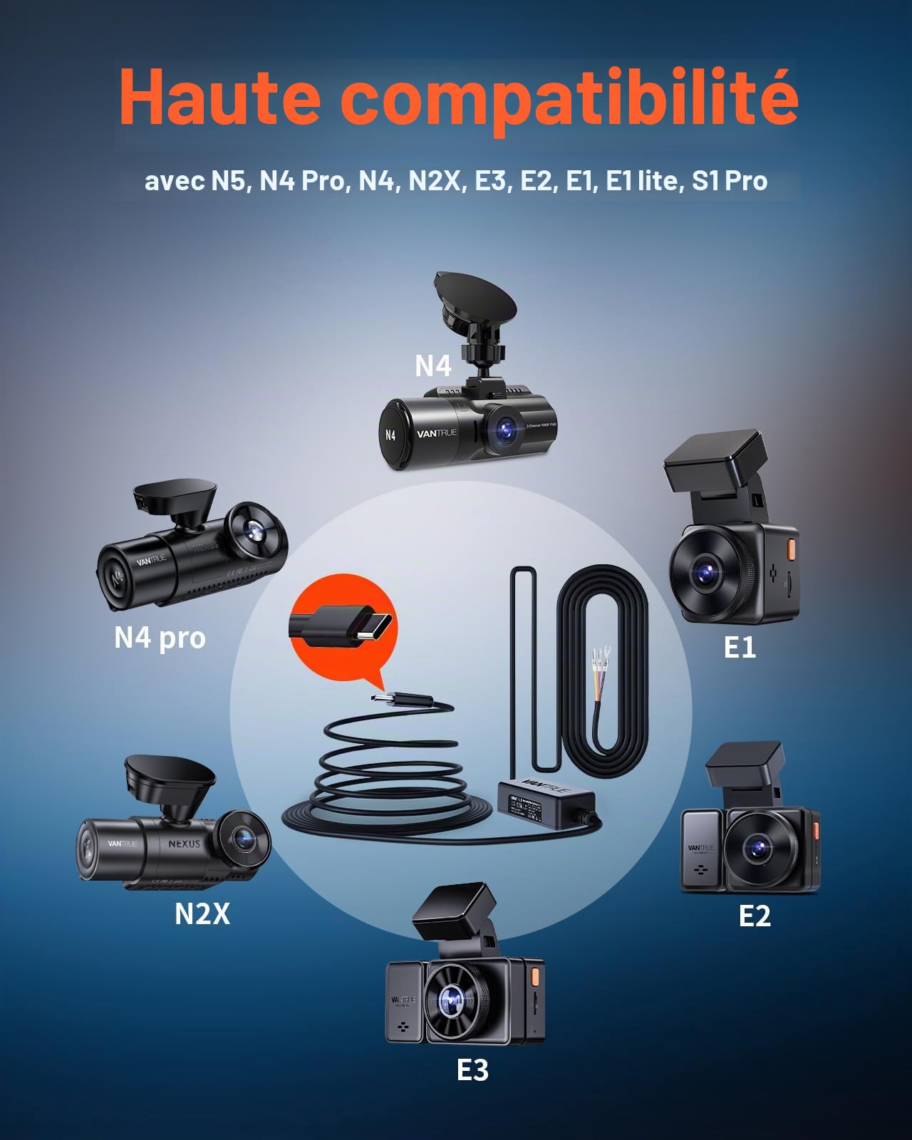 VANTRUE E1 Pro 4K HDR STARVIS 2 Dashcam Voiture Avant et VANTRUE Kit de câblage USB-C VP03
