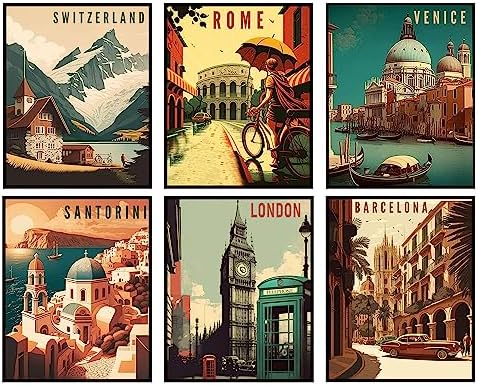 Vintage Travel Posters Mountain Wall Art Decor Set of 6 Unframed (8''x10'') Retro National City Art Prints Abstract National Park Travel Poster Santorini London Venice Rome Barcelona Switzerland