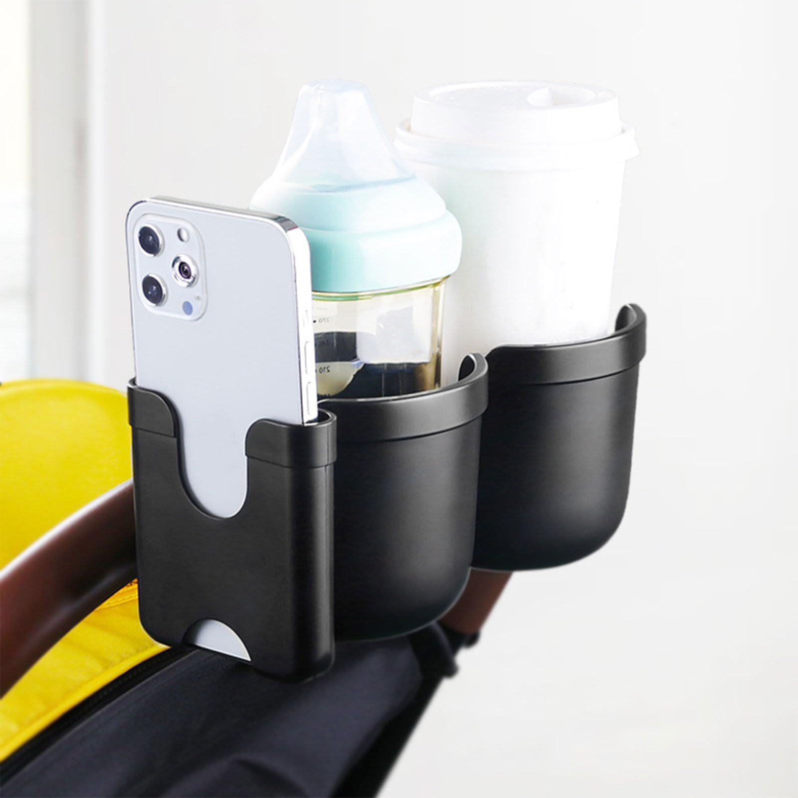 Getränkehalter für Kinderwagen, 360° drehbar, Doppel-Flaschen-Organizer mit Handy für Rollstuhl, Walker, Handy für Kinderwagen