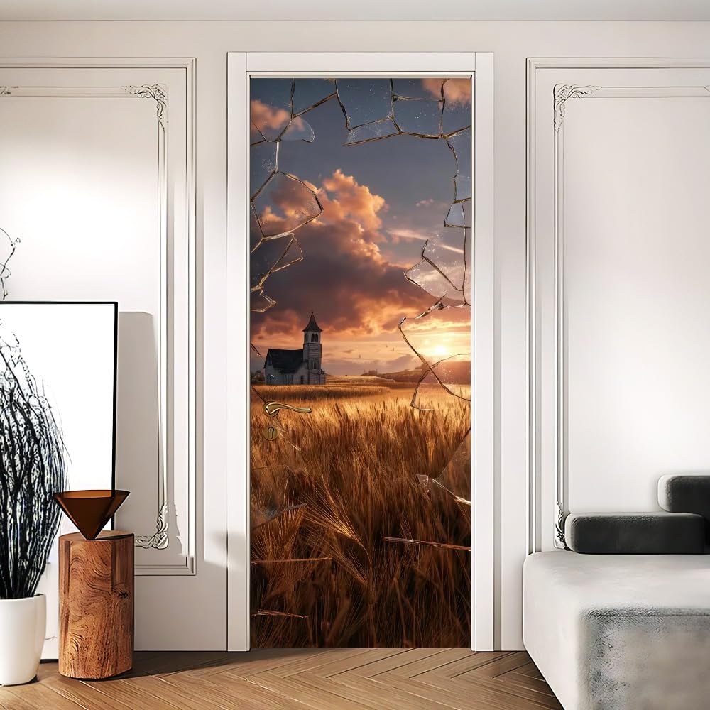 Broken Glass Wheat Field Rustic Church Door Mural 30.31x78.74in