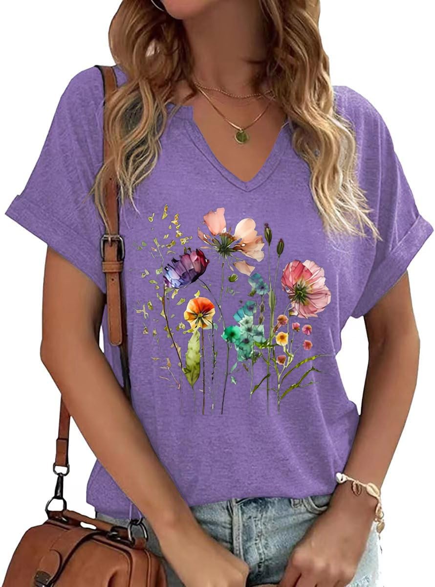 PUCKOLITY Vintage Flowers V Neck Shirt for Women Boho Floral Wildflowers Graphic Tee Casual Cottagecore Summer T Shirt