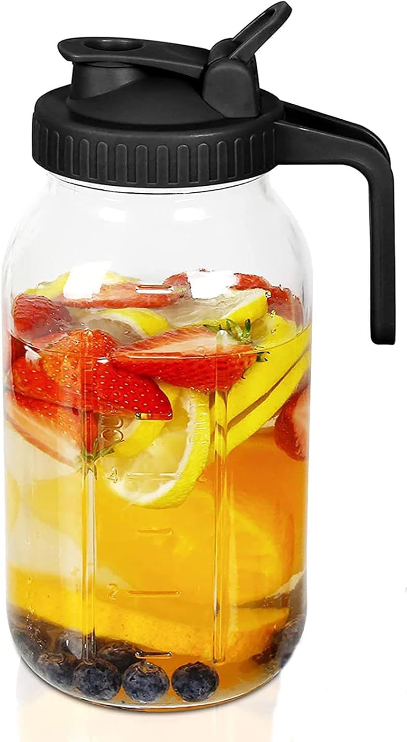 BEETO Mason Jar Pour Spout Lid, 2 Quart (64 oz / 1.9 Liter) Wide Mouth Glass Pitcher Lid, Heavy Duty Glass Container Leak Proof, For Cold brew coffee, Breast Milk, Sun Tea, Juice, Milk, and Drinks