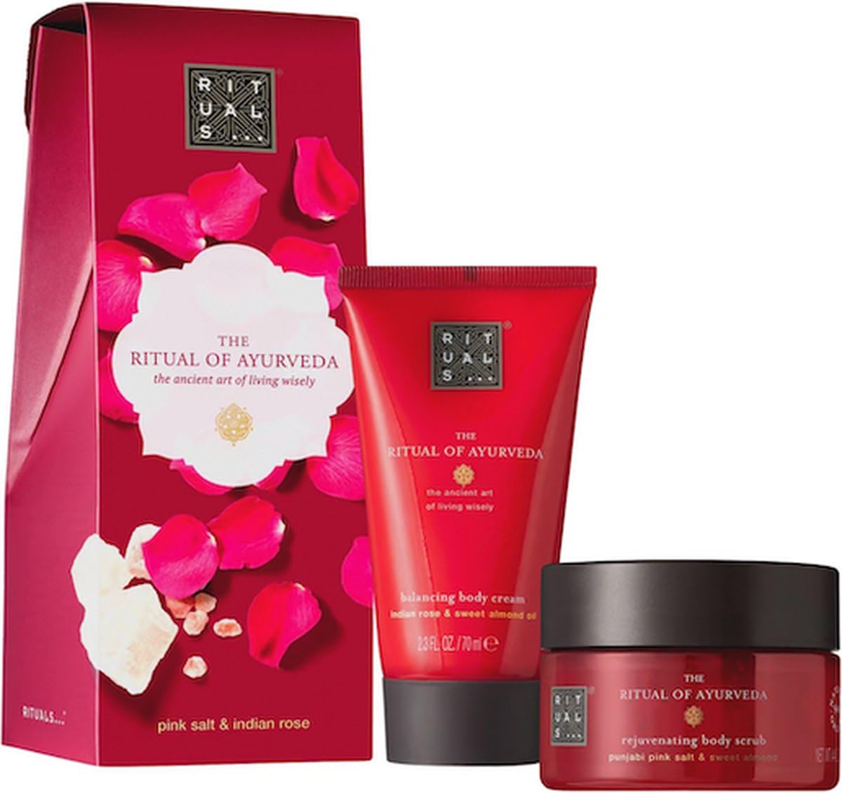 RITUALS Ayurveda Pink Salt Indian Rose Scrub 125g & Body Cream 70ml Mini Gift Set, Red