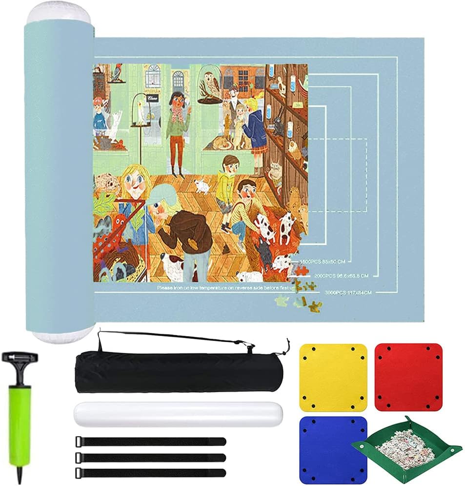 URbazaar Giant Jigsaw Puzzle Roll Mat Set,Jigsaw Felt Mat Storage Saver, with 4 Sorting Trays,No Folded Creases Environmentally Friendly (3000pcs) (Light blue)