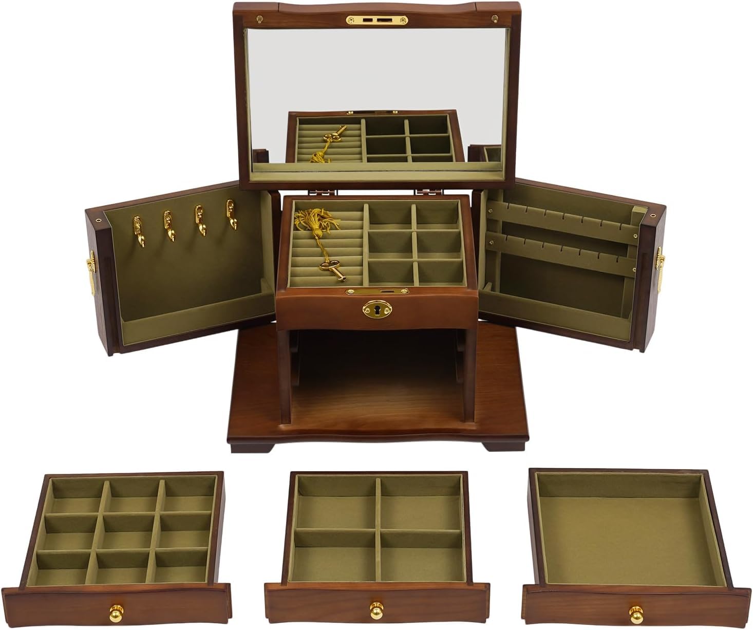 Boîte à bijoux en bois, étui de rangement à 4 niveaux avec serrure pour colliers, bagues et boucles d'oreilles – Design vintage élégant pour femme