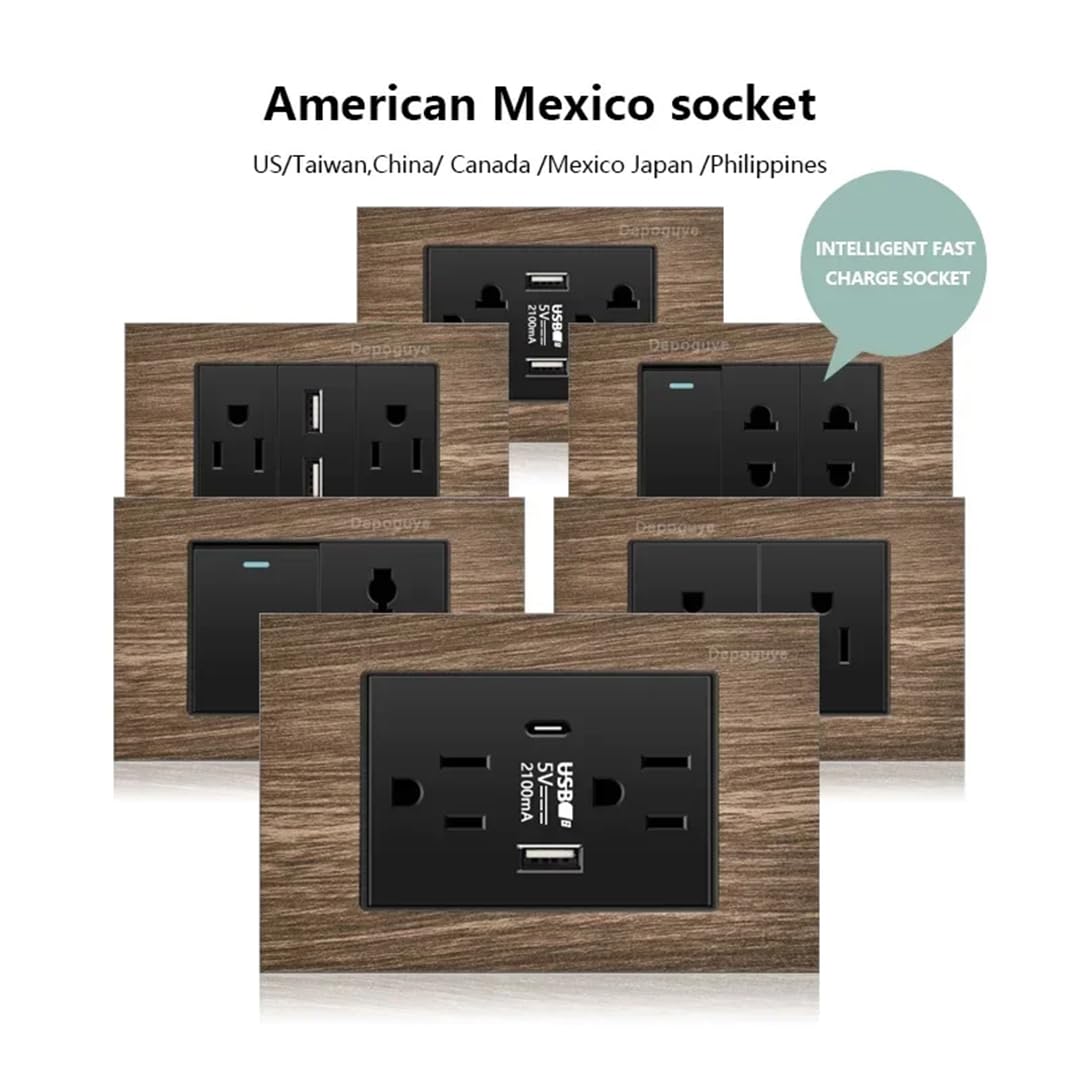Presa Elettrica Da Parete In Alluminio E Legno Americano, Standard USA-Messico, Con Finitura In Legno, Tipo C, Con Interruttore Della Luce, Pannello Di Controllo USB.