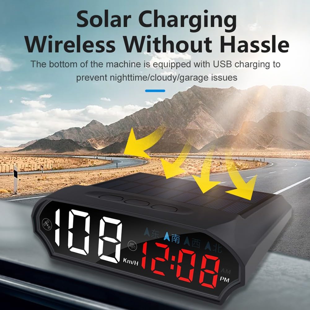 Tachimetro GPS a energia solare con bussola per auto, display a colori a LED HD, accensione e spegnimento automatico, km/h, adatto alla maggior parte dei veicoli, supporto HUD da cruscotto