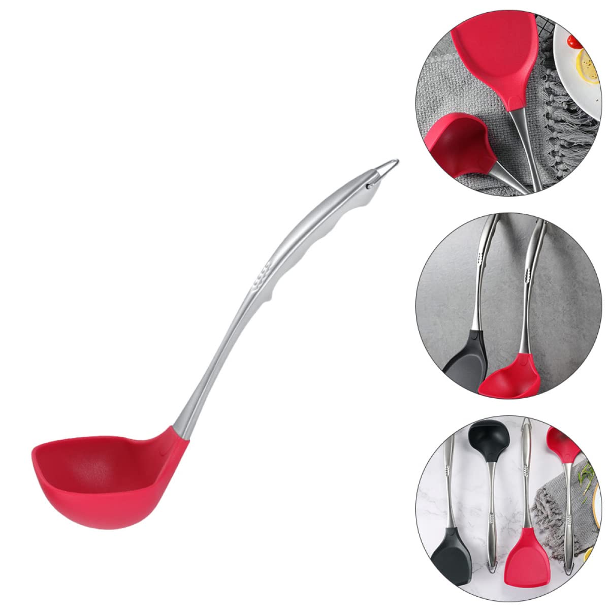 FUNOMOCYA 1Pc Silicone Soup Spoon with Stainless Steel Handle Non Stick Cooking Utensil for Home Kitchen Restaurant Use Easy to Store with Hanging Design Red
