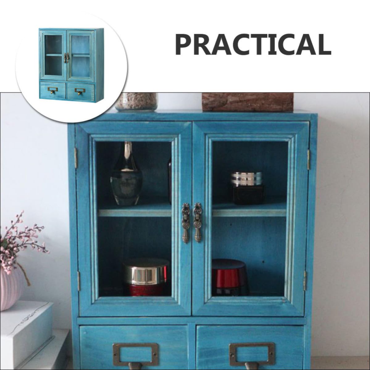 Homoyoyo Organizador de Maquillaje de Cajón de Madera Retro Azul con Doble Caja de Almacenamiento con Compartimentos para Joyas y Objetos Pequeños Diseño Práctico para Escritorio y Hogar