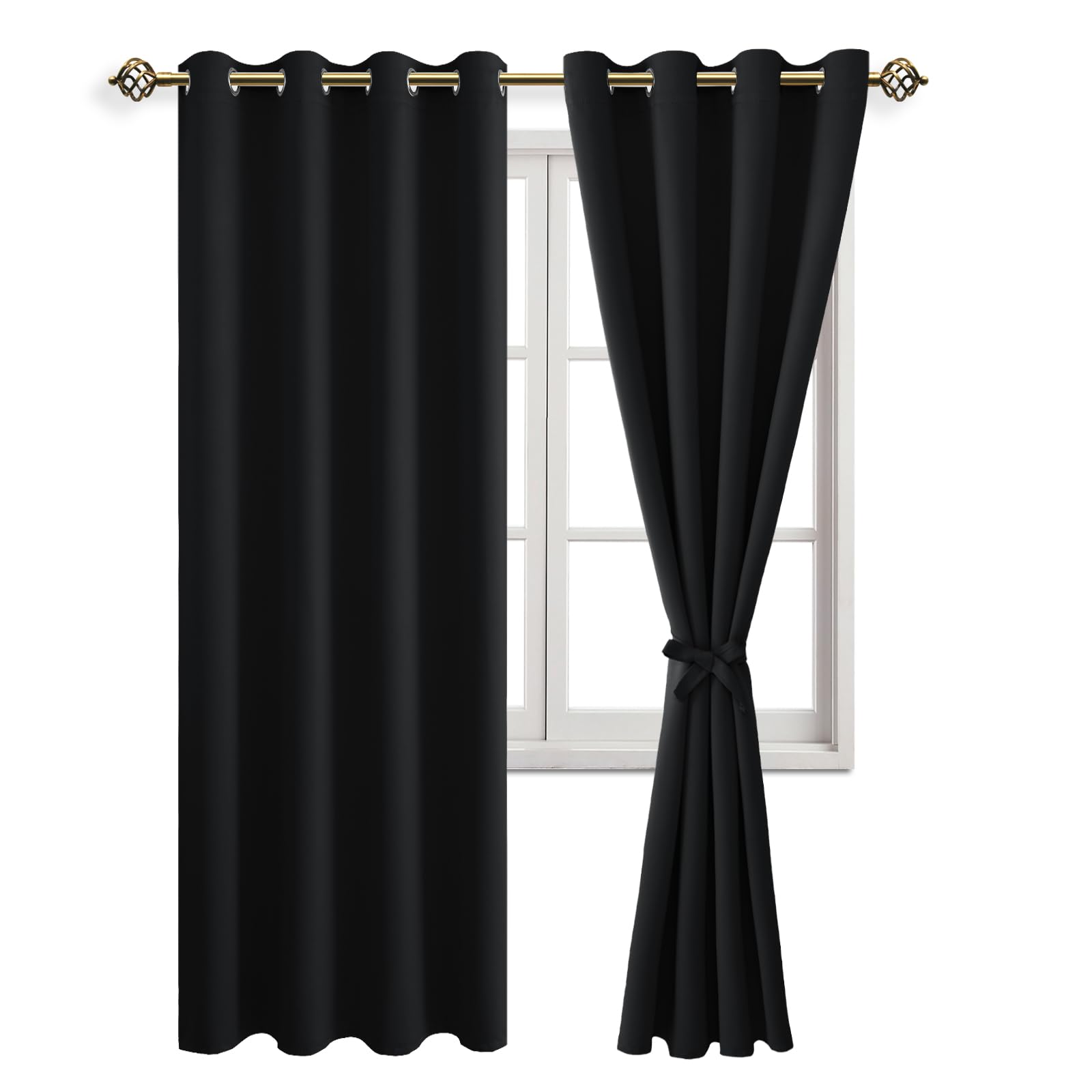 JIUZHEN Gardinen Blickdicht Vorhang mit Raffhalter Verdunklungsvorhänge Ösen Thermovorhang Kälteschutz Gardinen Wohnzimmer Ösenschal Vorhang Wärmeisolierend, Schwarz, 2 Stück, 260x140cm(HxB)
