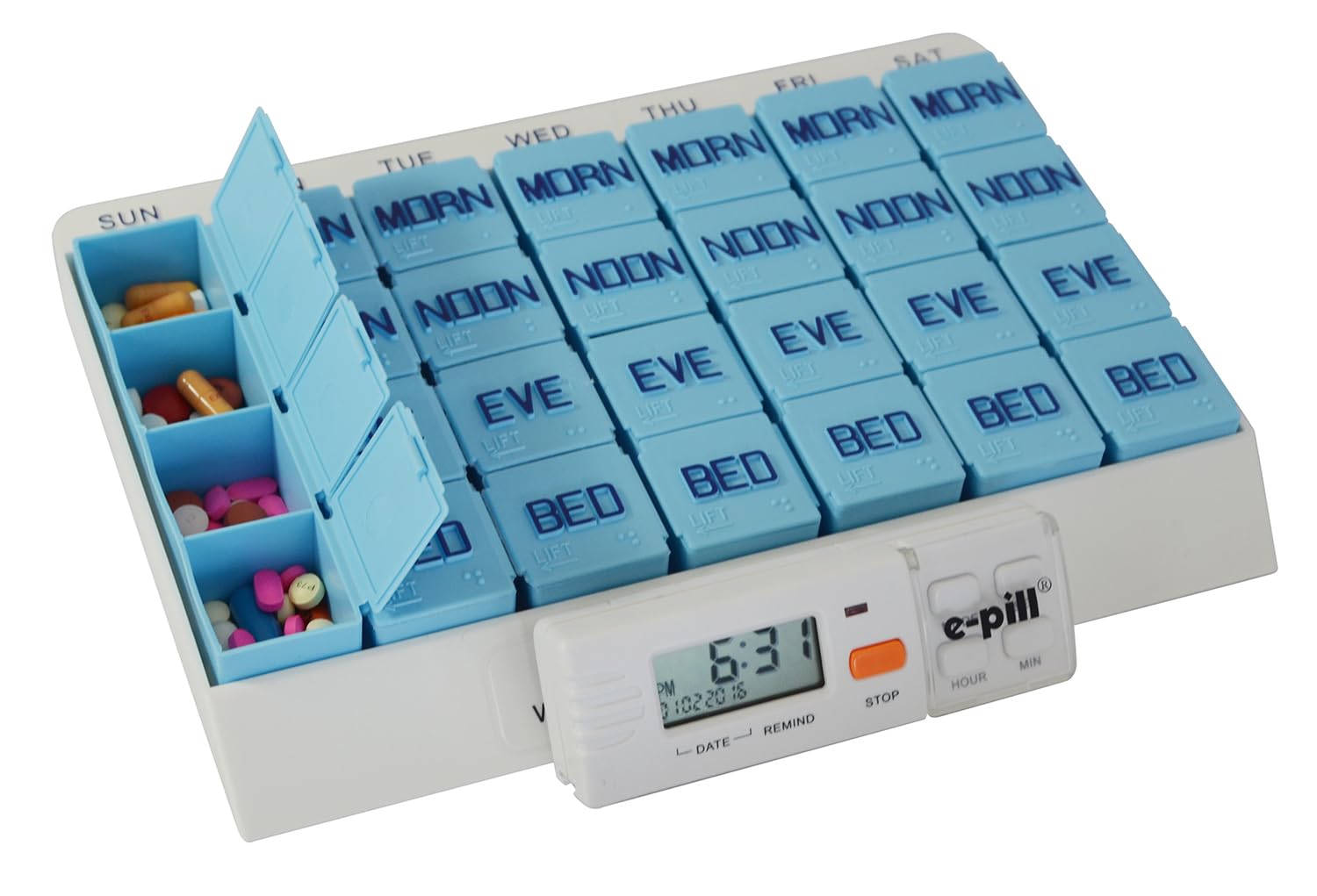 medglider 7 Día X 4 gran capacidad pastillero con Med timer. e-pill semanal pastillero organizador centro para medicamentos, suplementos, y vitamins. e-pill 4 Alarma Temporizador incluido.